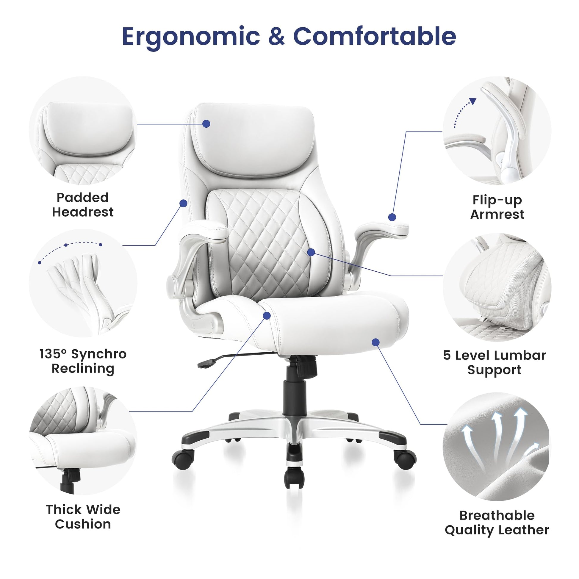 Nouhaus Ergonomic Office Chair Premium Microfiber Leather Adjustable Lumbar Support & Armrests, High Back Comfy Desk Gaming Chairs Executive Computer Swivel Chair Tilt Function(Posture,White) - FocusAid Essentials: Empowering ADHD Living