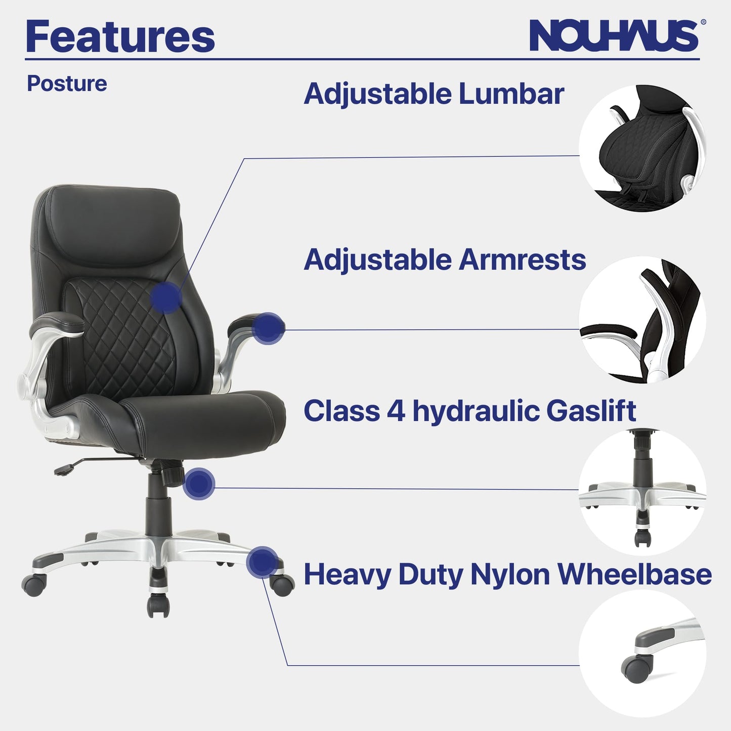 Nouhaus +Posture Ergonomic PU Leather Office Chair. Click5 Lumbar Support with FlipAdjust Armrests. Modern Executive Chair and Computer Desk Chair (Black) - FocusAid Essentials: Empowering ADHD Living