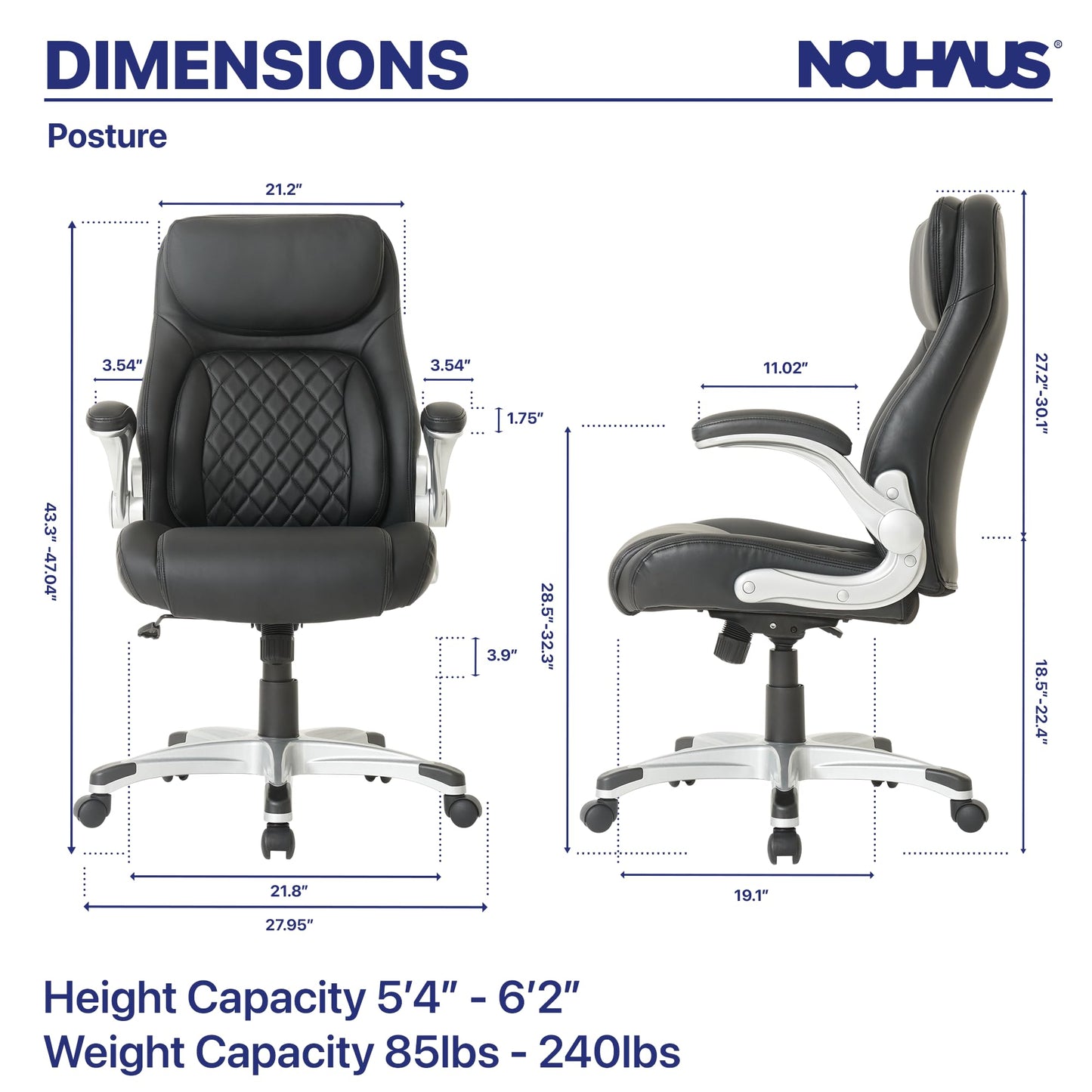 Nouhaus +Posture Ergonomic PU Leather Office Chair. Click5 Lumbar Support with FlipAdjust Armrests. Modern Executive Chair and Computer Desk Chair (Black) - FocusAid Essentials: Empowering ADHD Living