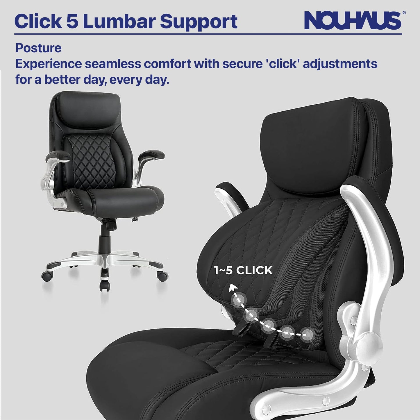 Nouhaus +Posture Ergonomic PU Leather Office Chair. Click5 Lumbar Support with FlipAdjust Armrests. Modern Executive Chair and Computer Desk Chair (Black) - FocusAid Essentials: Empowering ADHD Living