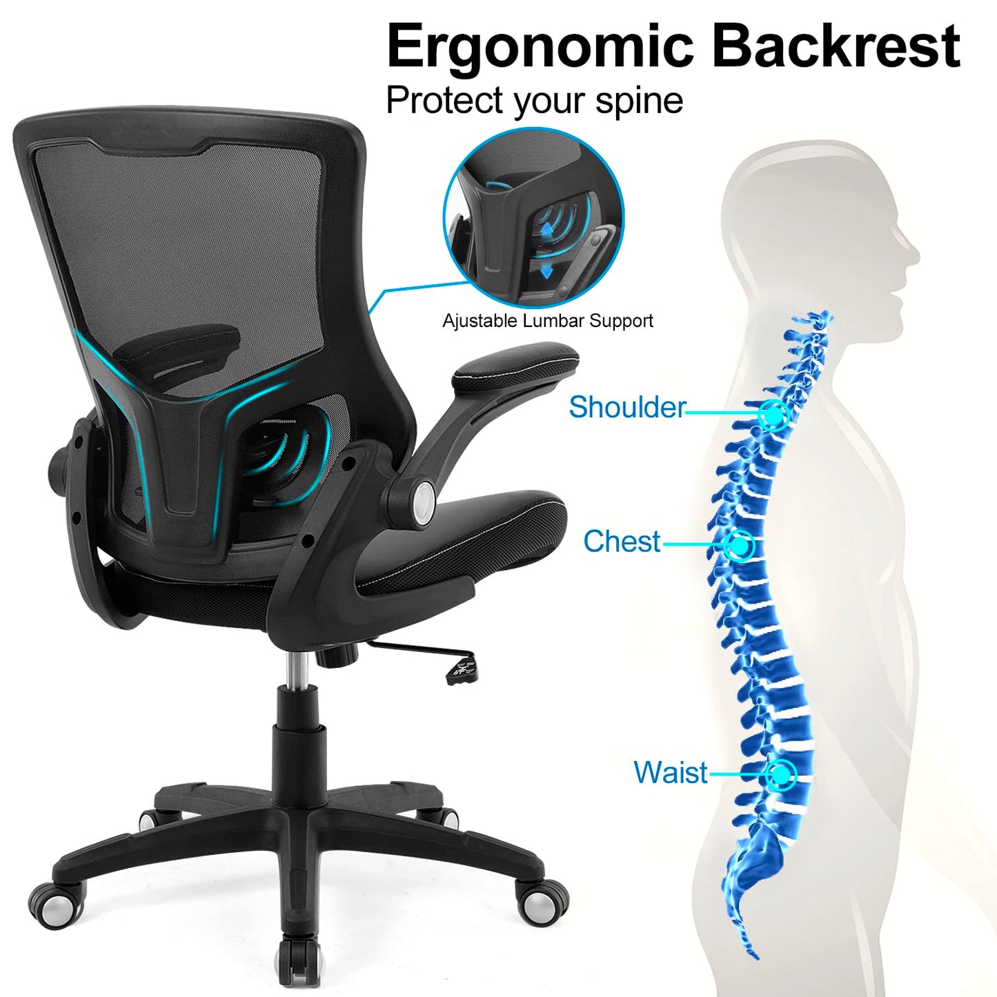 Office Chair Ergonomic Desk Chair, Computer PU Leather Home Office Desk Chair, Mesh Adjustable Lumbar Support Flip - up Armrests Executive Task Chair - FocusAid Essentials: Empowering ADHD Living