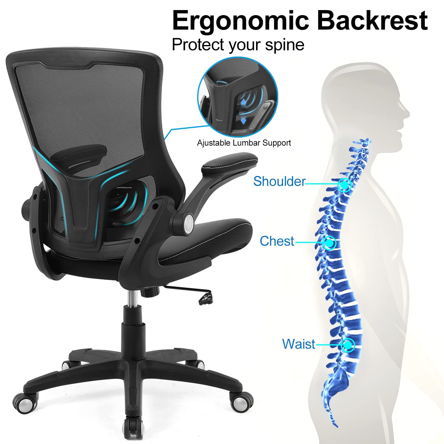 Office Chair Ergonomic Desk Chair, Computer PU Leather Home Office Desk Chair, Mesh Adjustable Lumbar Support Flip - up Armrests Executive Task Chair - FocusAid Essentials: Empowering ADHD Living