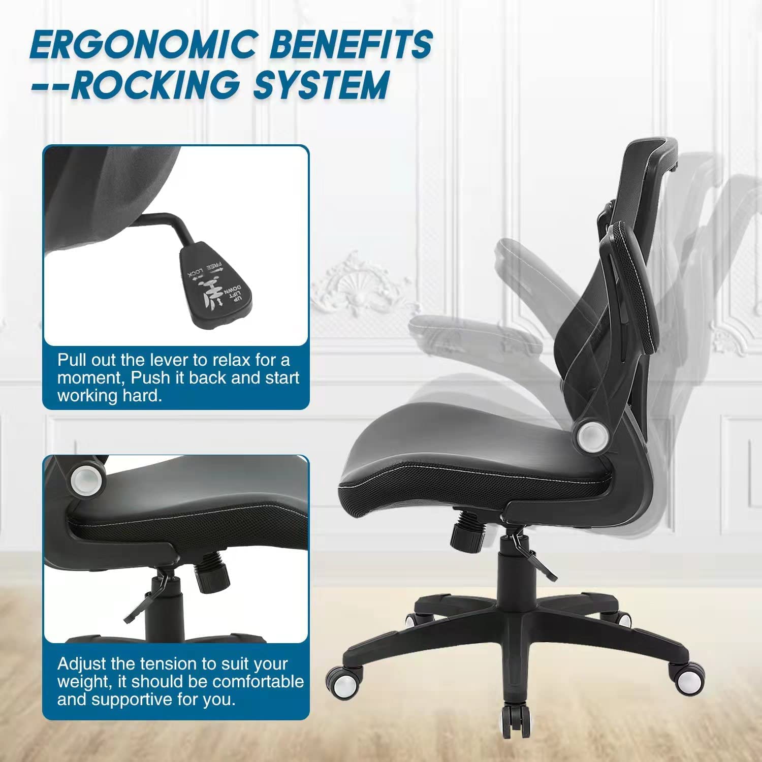 Office Chair Ergonomic Desk Chair, Computer PU Leather Home Office Desk Chair, Mesh Adjustable Lumbar Support Flip - up Armrests Executive Task Chair - FocusAid Essentials: Empowering ADHD Living