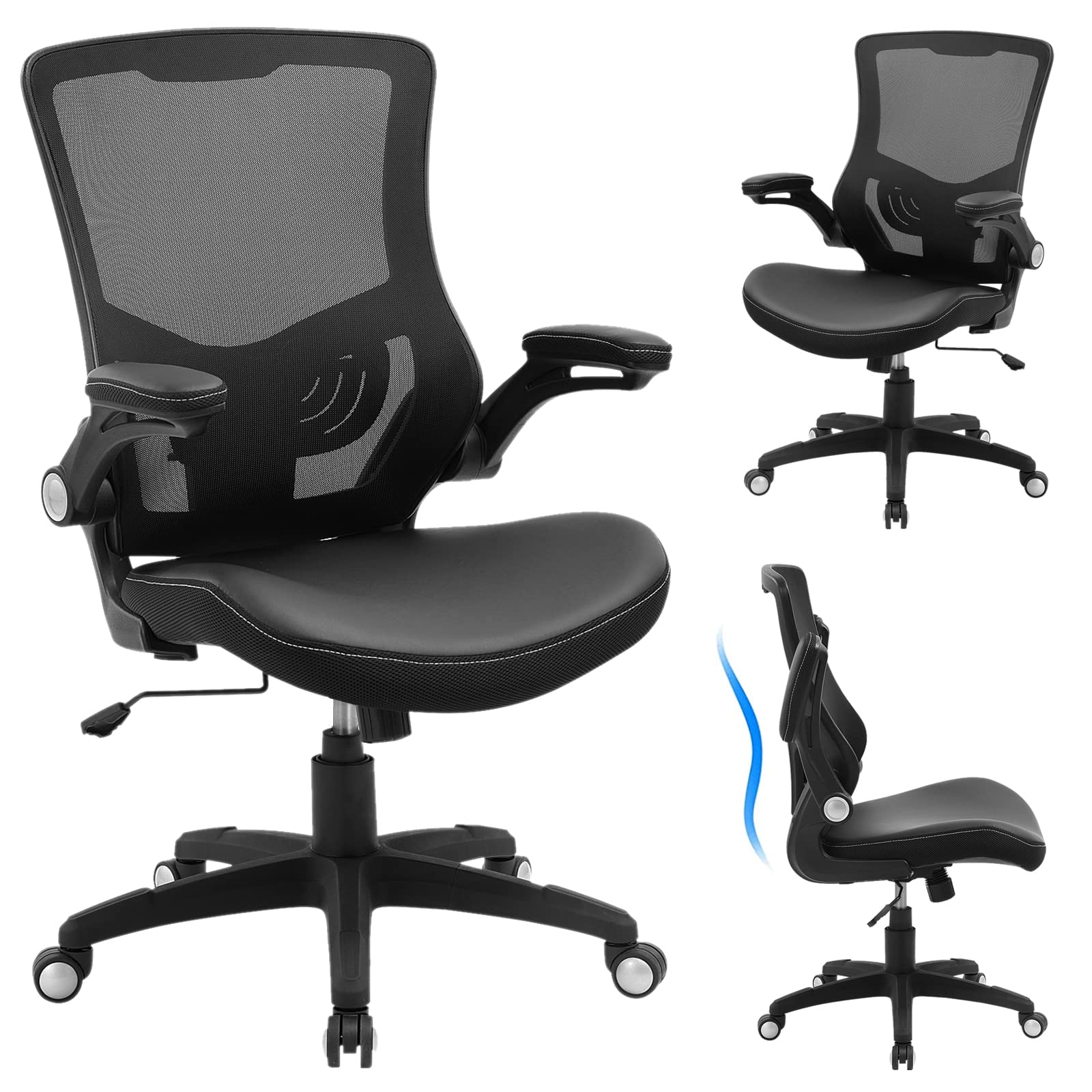 Office Chair Ergonomic Desk Chair, Computer PU Leather Home Office Desk Chair, Mesh Adjustable Lumbar Support Flip - up Armrests Executive Task Chair - FocusAid Essentials: Empowering ADHD Living