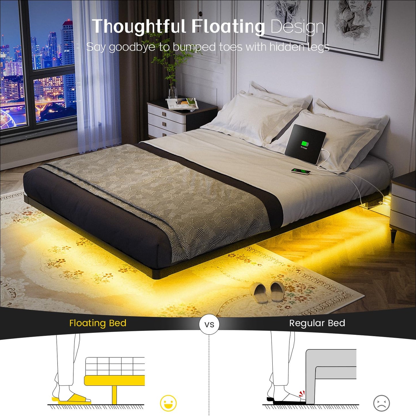 OLEVS Floating Bed Frame Queen Size with Smart LED Lights and Charging Station - Modern Metal Platform Bed, Easy Assembly No Box Spring Needed - FocusAid Essentials: Empowering ADHD Living