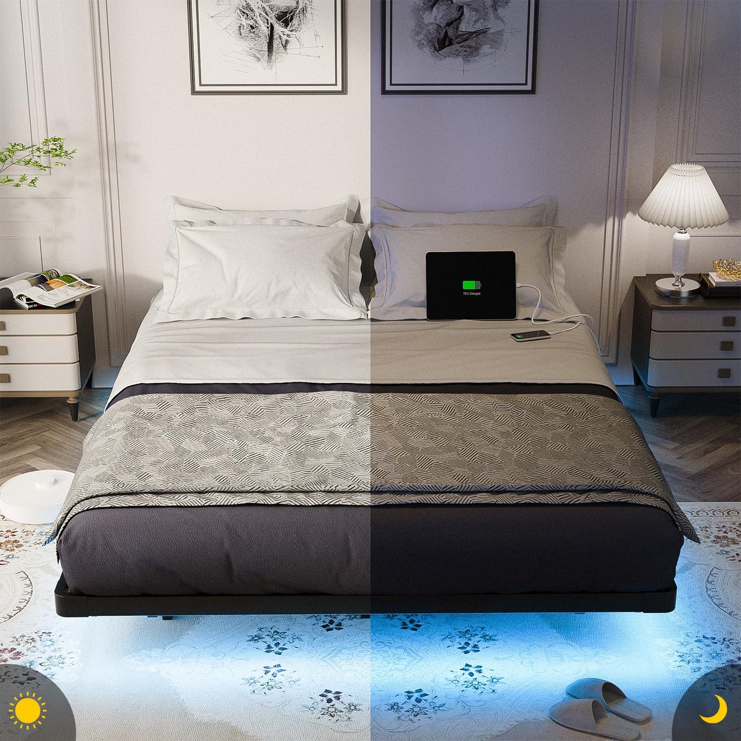 OLEVS Floating Bed Frame Queen Size with Smart LED Lights and Charging Station - Modern Metal Platform Bed, Easy Assembly No Box Spring Needed - FocusAid Essentials: Empowering ADHD Living