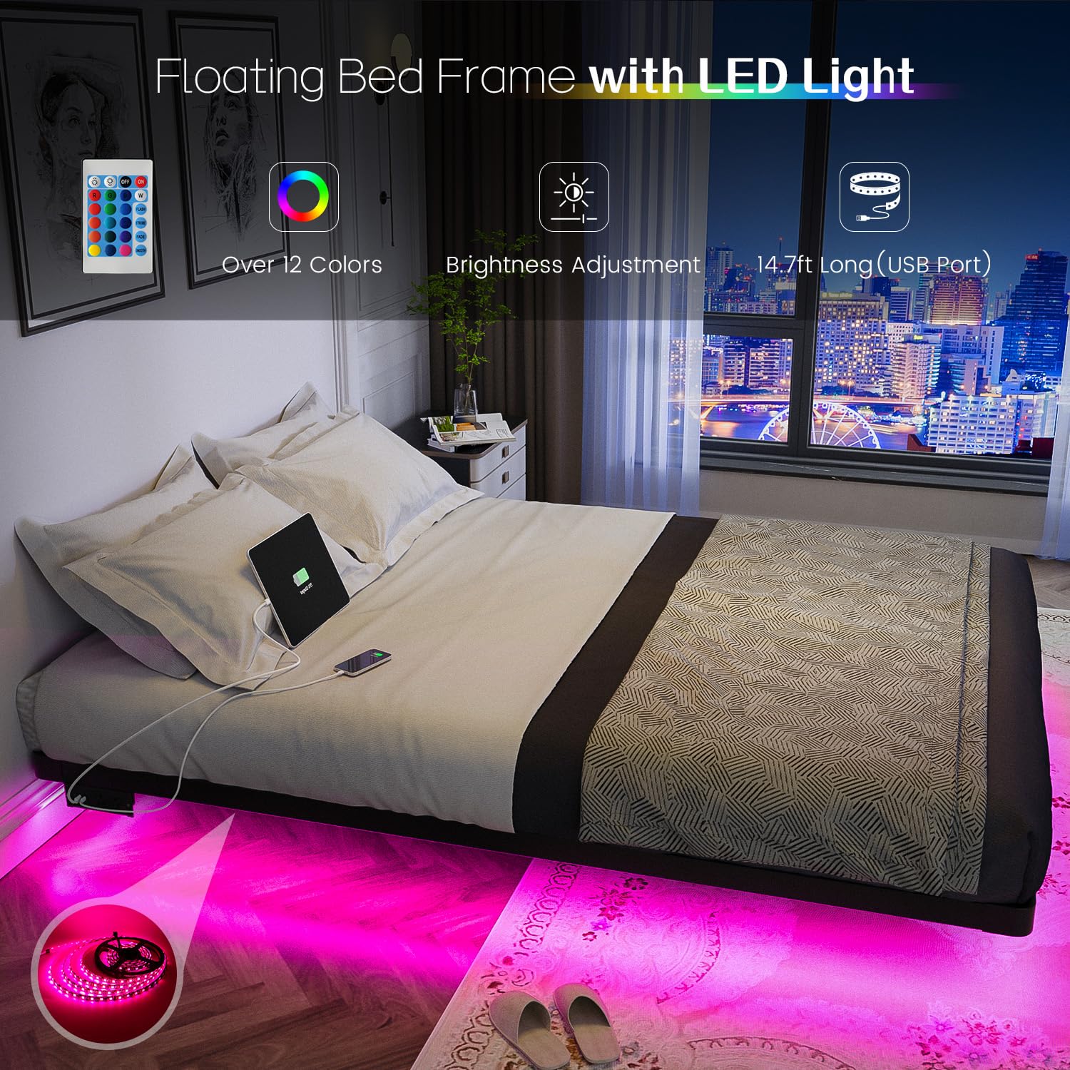 OLEVS Floating Bed Frame Queen Size with Smart LED Lights and Charging Station - Modern Metal Platform Bed, Easy Assembly No Box Spring Needed - FocusAid Essentials: Empowering ADHD Living