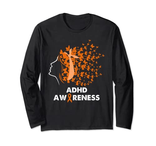 Orange ADHD Butterfly Hair - Long - Sleeve Shirt - FocusAid Essentials: Empowering ADHD Living