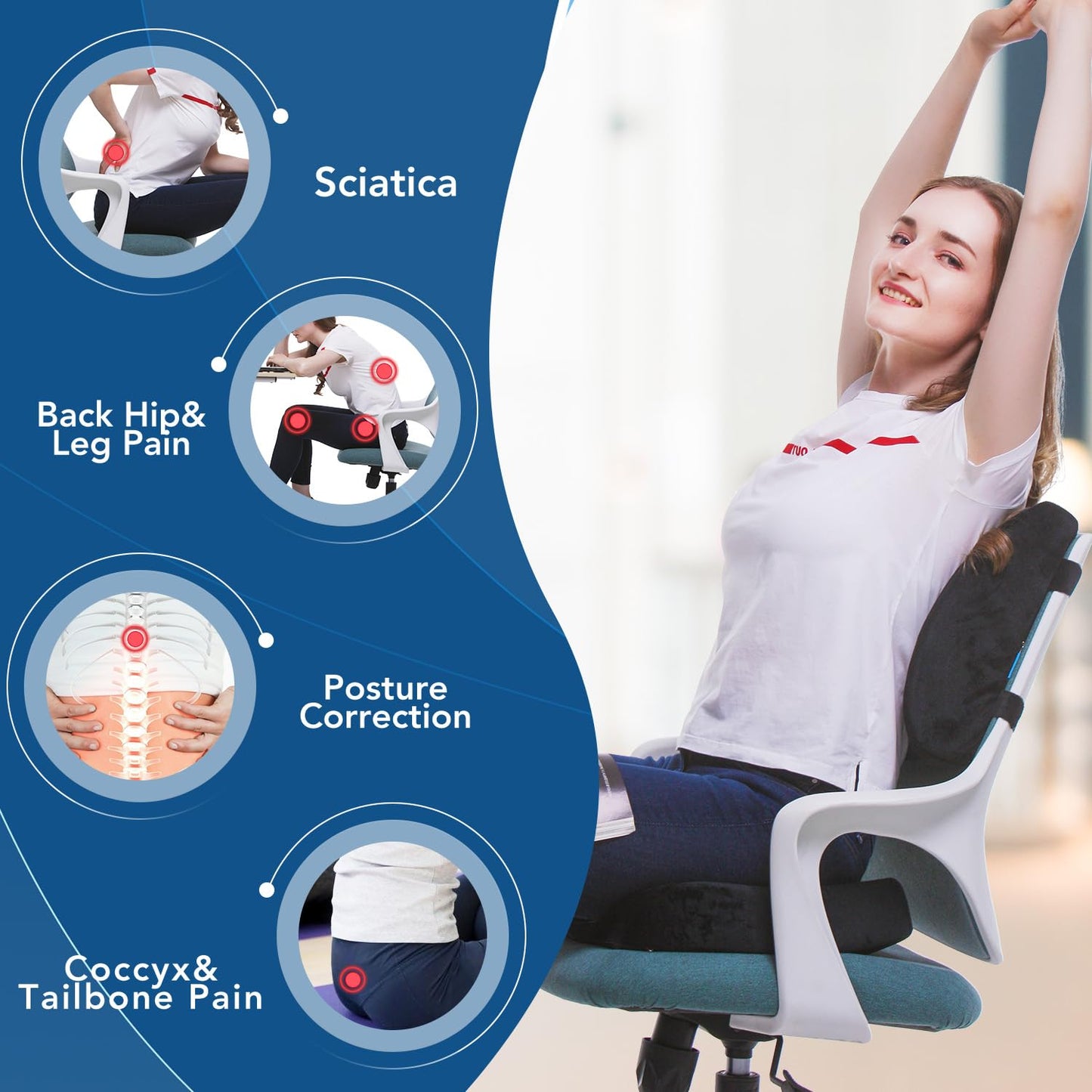 Orthopedic Memory Foam Seat Cushion and Lumbar Support for Office Chairs - Relieves Back Pain - FocusAid Essentials: Empowering ADHD Living