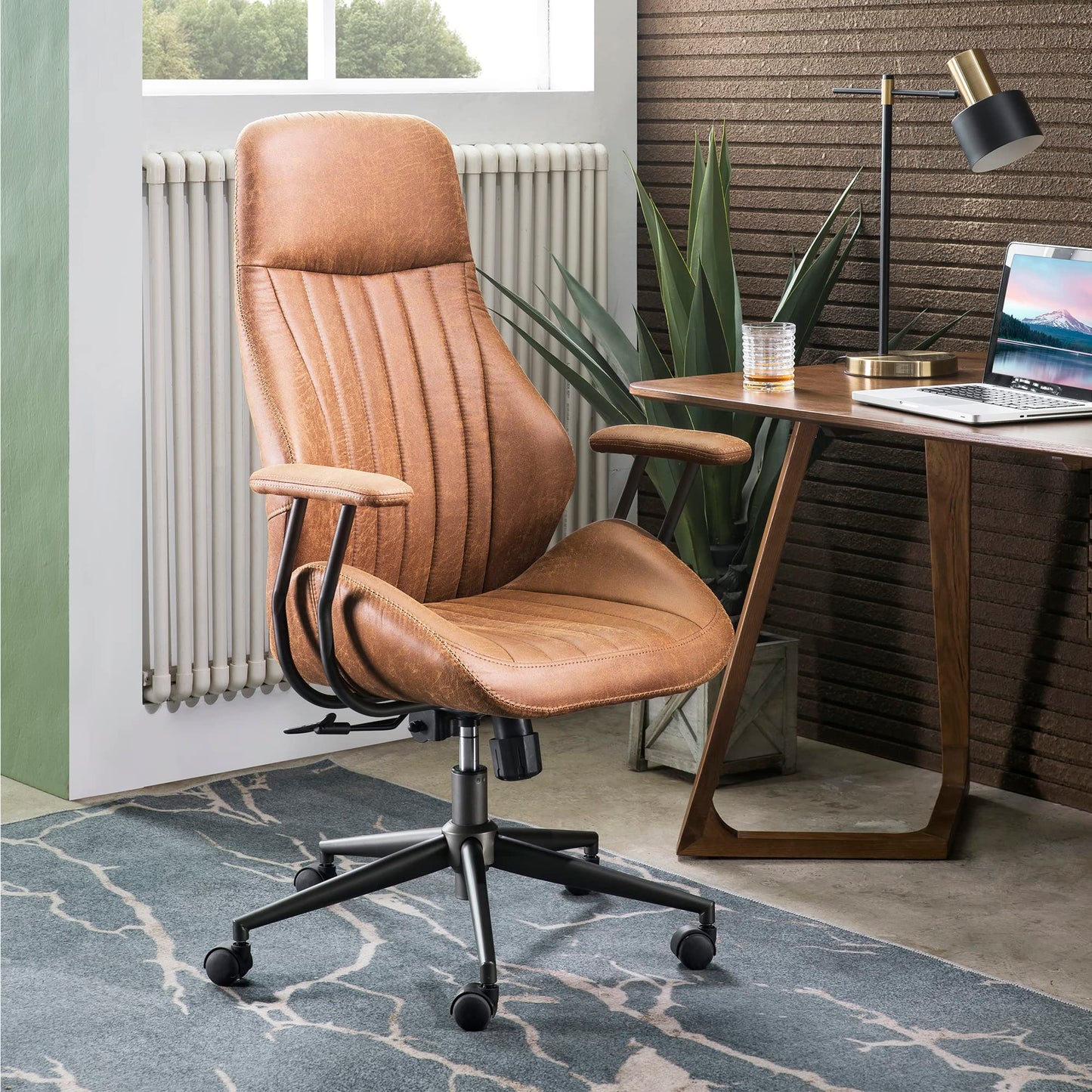 ovios Ergonomic Home Office Chair, Mid - Century Modern Leather Chair with Lumbar Support, High Back Swivel Rolling Executive Chair, Comfy Task Computer Desk Chair (Brown, Suede Leather) - FocusAid Essentials: Empowering ADHD Living