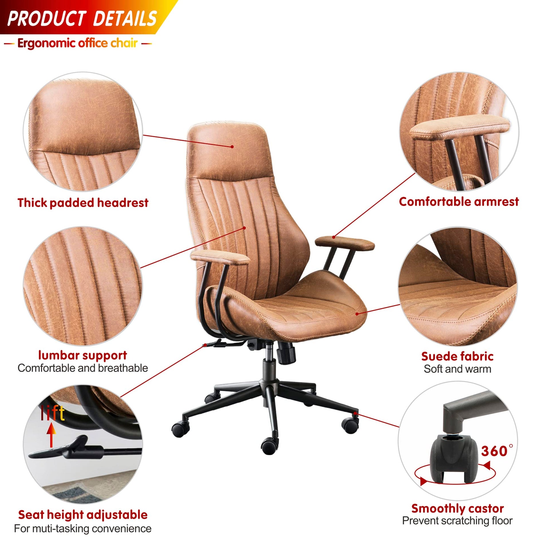 ovios Ergonomic Home Office Chair, Mid - Century Modern Leather Chair with Lumbar Support, High Back Swivel Rolling Executive Chair, Comfy Task Computer Desk Chair (Brown, Suede Leather) - FocusAid Essentials: Empowering ADHD Living