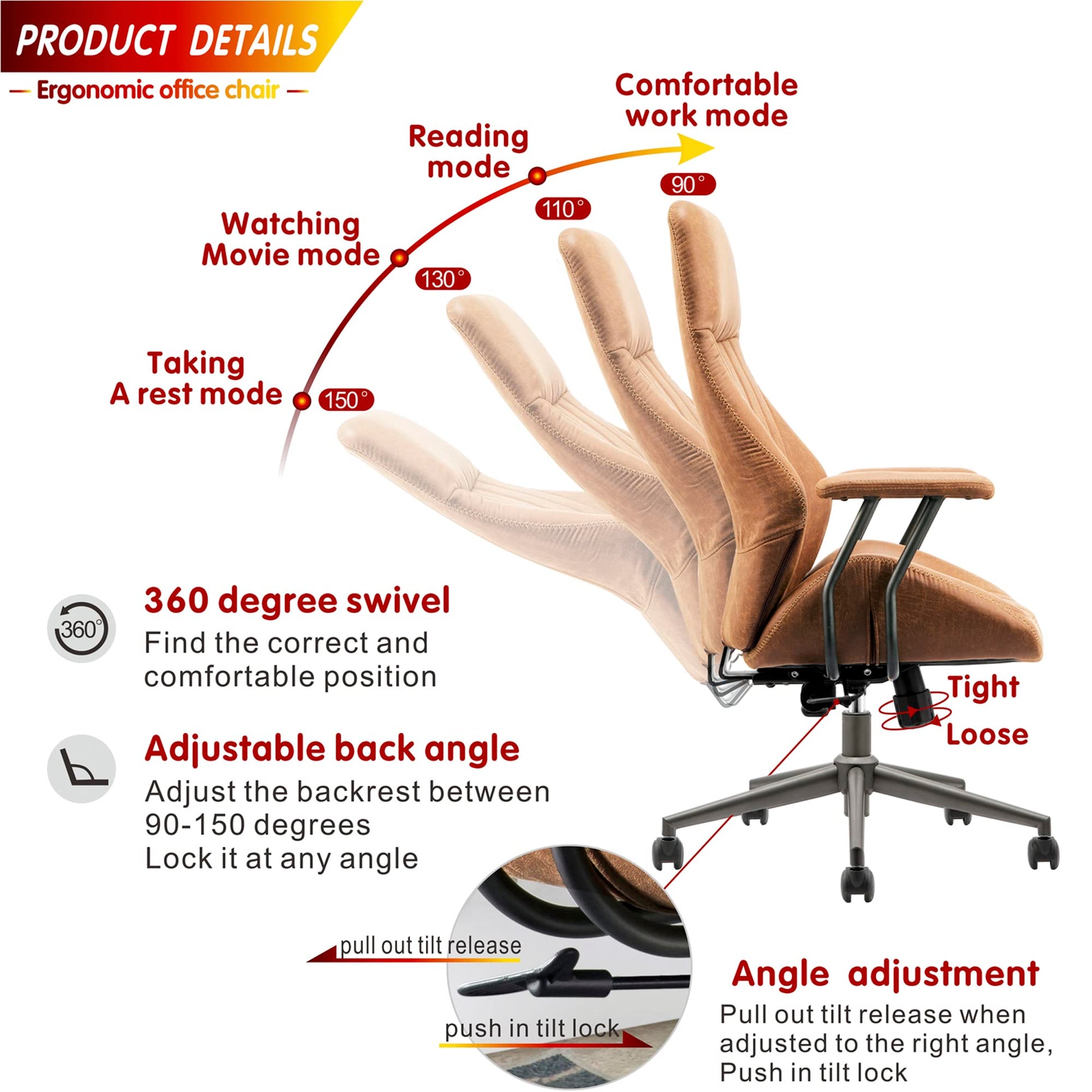 ovios Ergonomic Home Office Chair, Mid - Century Modern Leather Chair with Lumbar Support, High Back Swivel Rolling Executive Chair, Comfy Task Computer Desk Chair (Brown, Suede Leather) - FocusAid Essentials: Empowering ADHD Living