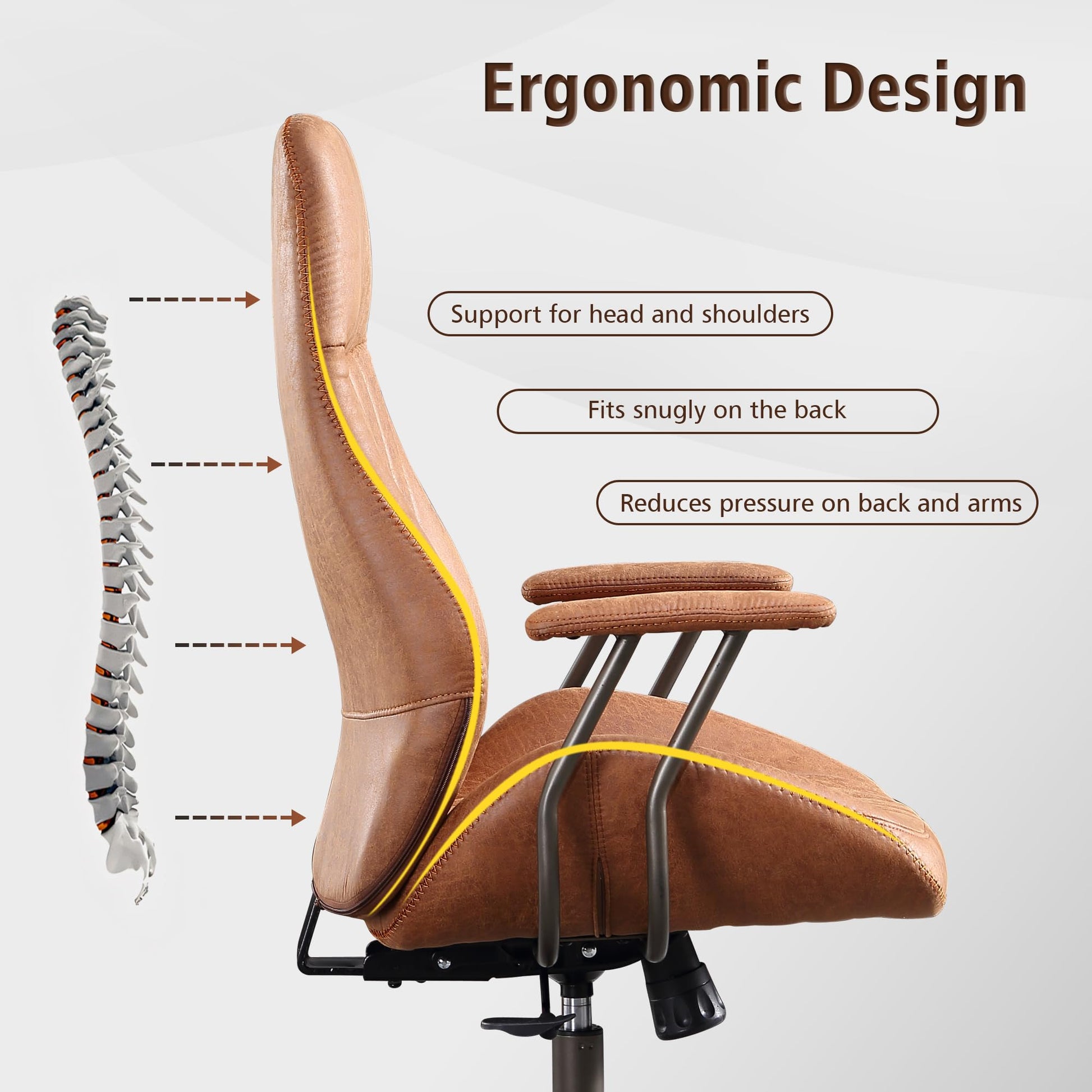 ovios Ergonomic Home Office Chair, Mid - Century Modern Leather Chair with Lumbar Support, High Back Swivel Rolling Executive Chair, Comfy Task Computer Desk Chair (Brown, Suede Leather) - FocusAid Essentials: Empowering ADHD Living