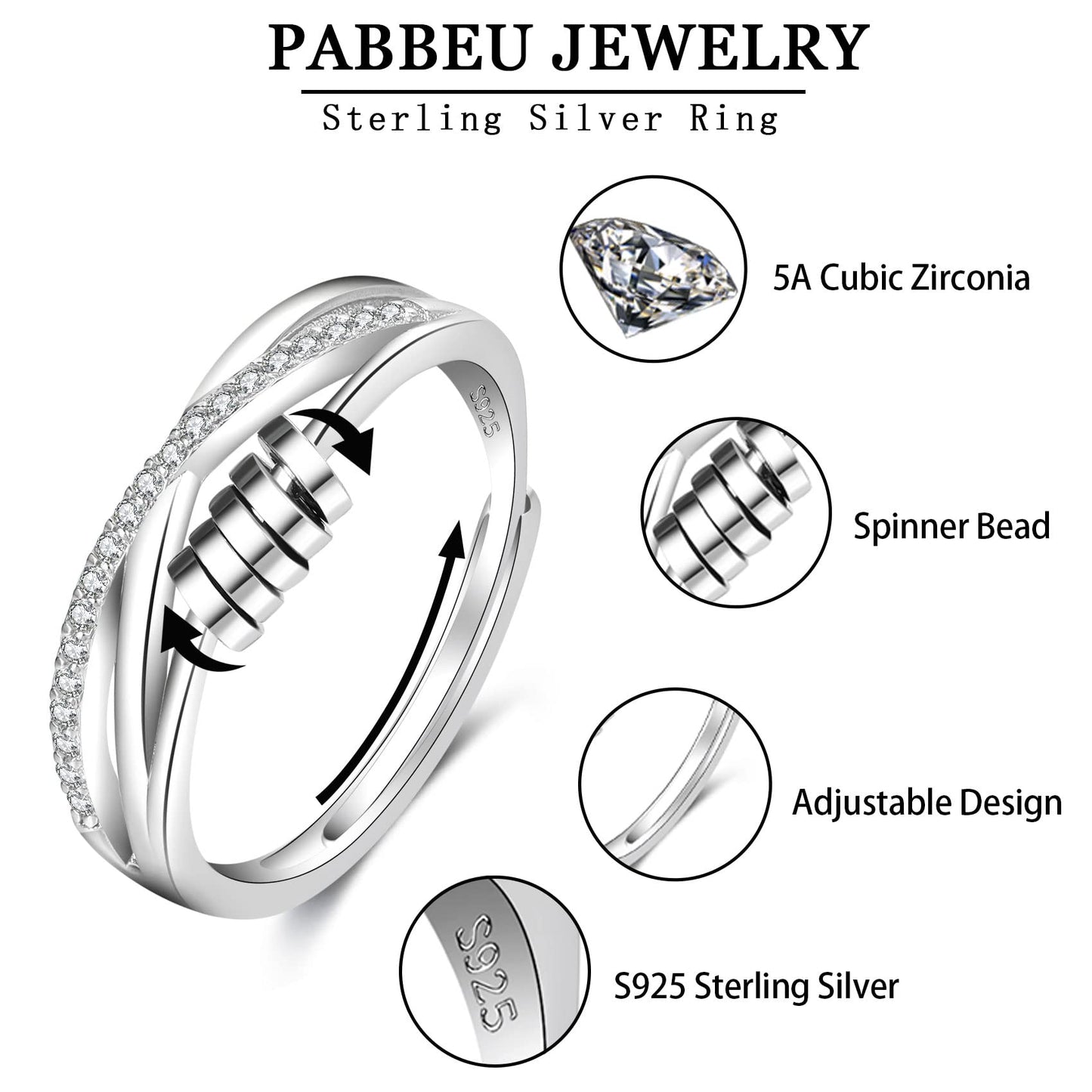 PABBEU Anxiety Ring for Women 925 Sterling Silver Fidget Ring With Cubic Zircon Adjustable Stress Spinner Anxiety Ring for Women - FocusAid Essentials: Empowering ADHD Living