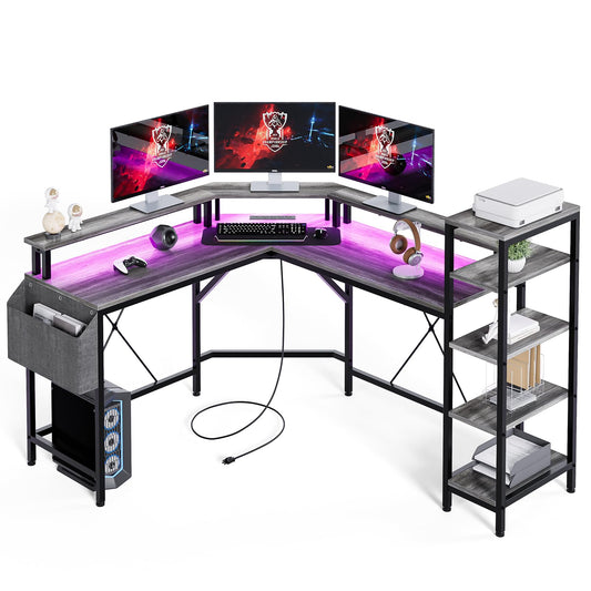 Patikuin Computer Desk with Power Outlets & LED Lights, 62" L Shaped Desk with Full Monitor Stand & Storage Shelves, Corner Desk Gaming Desk, Ergonomic Home Office Desk, Oak - FocusAid Essentials: Empowering ADHD Living