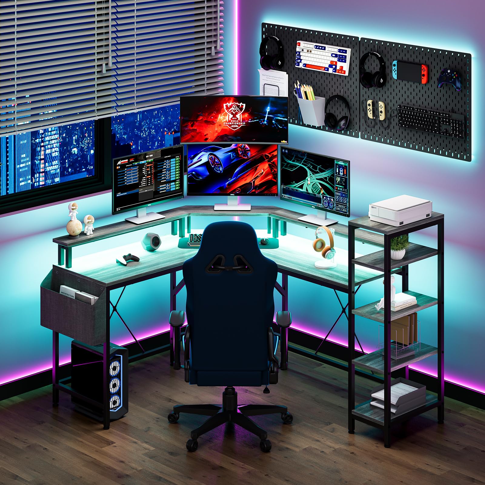 Patikuin Computer Desk with Power Outlets & LED Lights, 62" L Shaped Desk with Full Monitor Stand & Storage Shelves, Corner Desk Gaming Desk, Ergonomic Home Office Desk, Oak - FocusAid Essentials: Empowering ADHD Living