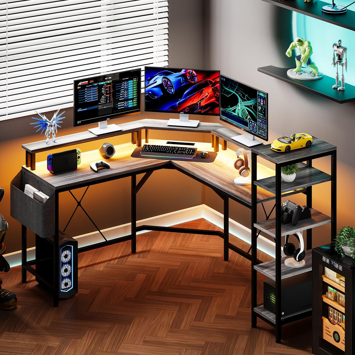 Patikuin Computer Desk with Power Outlets & LED Lights, 62" L Shaped Desk with Full Monitor Stand & Storage Shelves, Corner Desk Gaming Desk, Ergonomic Home Office Desk, Oak - FocusAid Essentials: Empowering ADHD Living