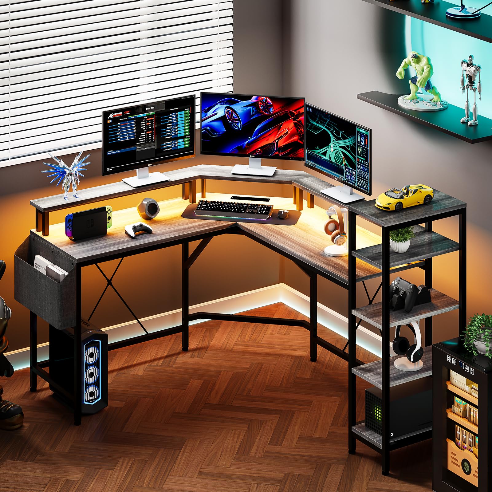 Patikuin Computer Desk with Power Outlets & LED Lights, 62" L Shaped Desk with Full Monitor Stand & Storage Shelves, Corner Desk Gaming Desk, Ergonomic Home Office Desk, Oak - FocusAid Essentials: Empowering ADHD Living