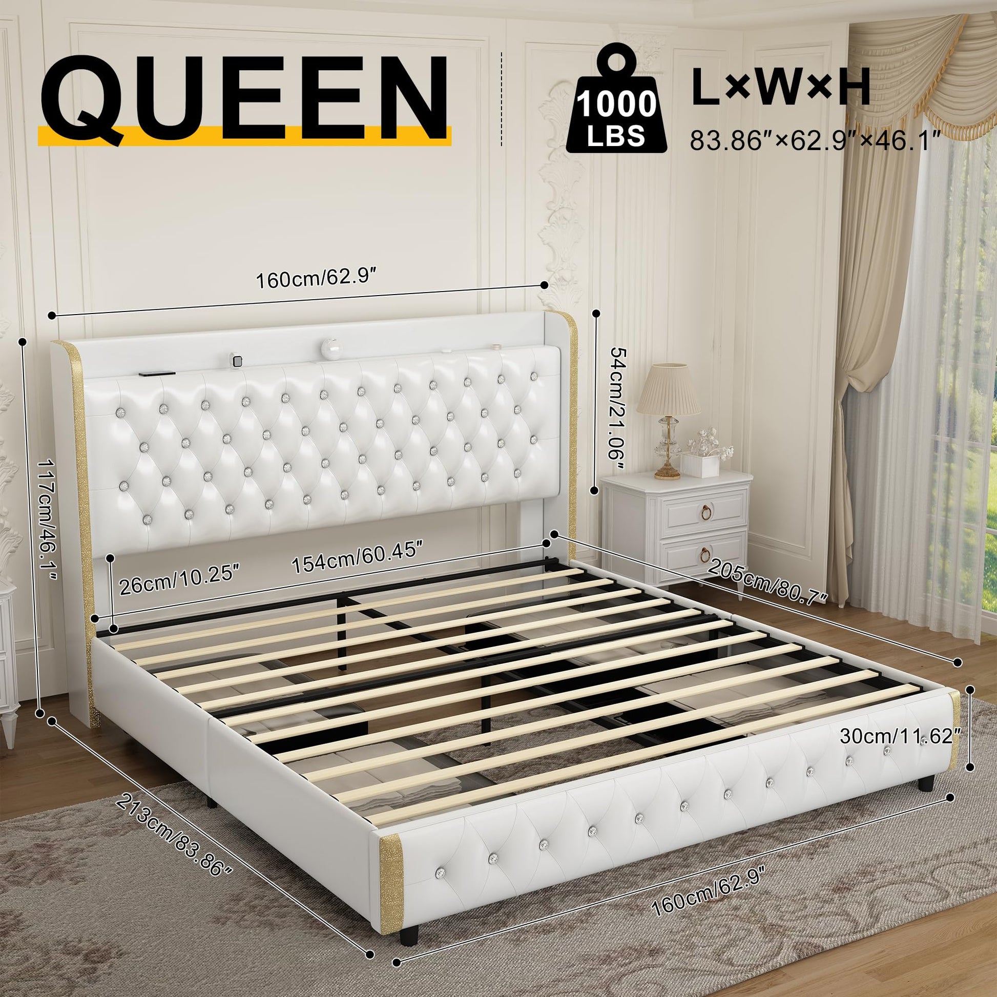 Queen led bed frame with 4 drawers and Star Projector Galaxy Light, Wingback Upholstered Headboard Diamond Bed with Charger music speaker, No Box Spring Needed & Noise - Free, Wooden Slats, PU White - FocusAid Essentials: Empowering ADHD Living