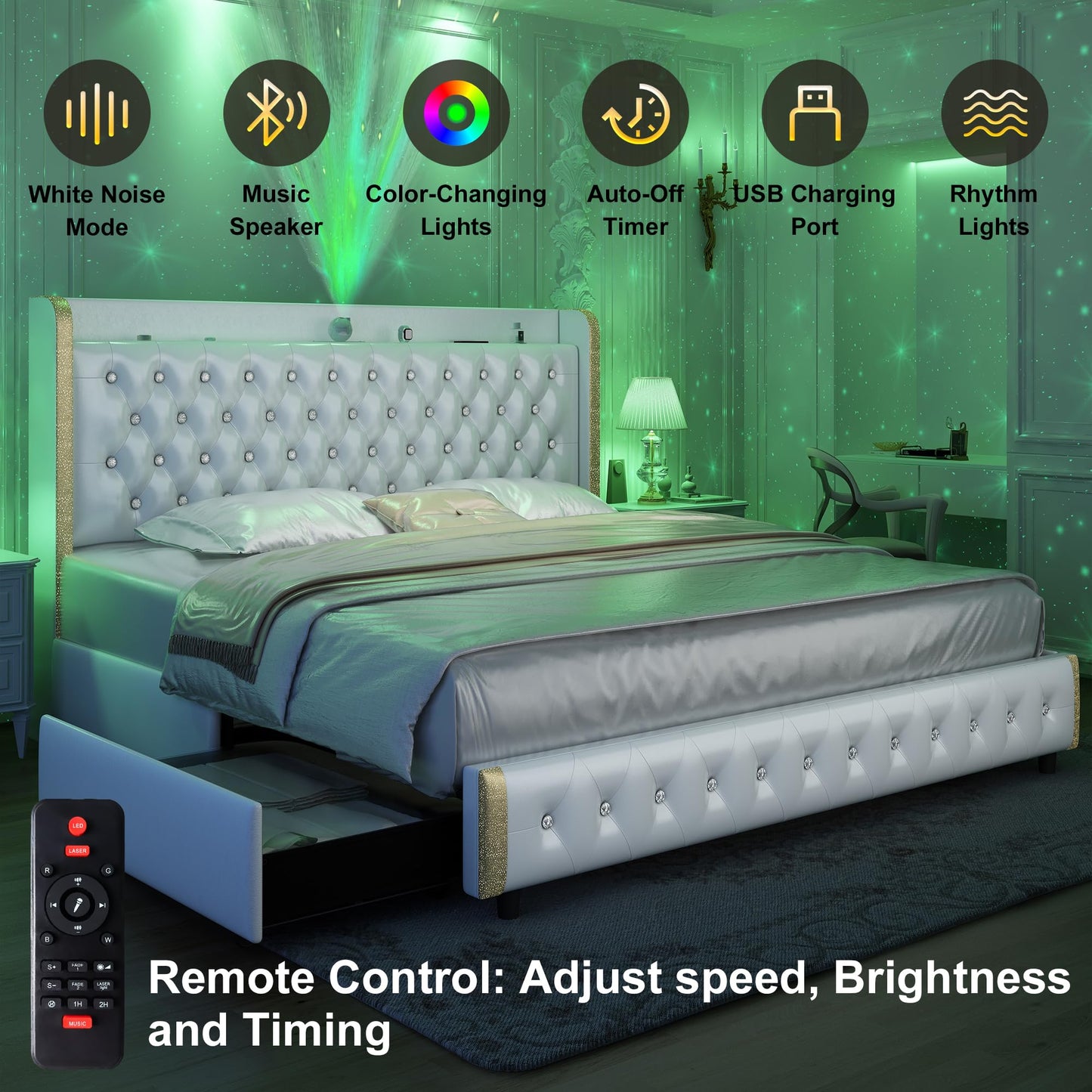 Queen led bed frame with 4 drawers and Star Projector Galaxy Light, Wingback Upholstered Headboard Diamond Bed with Charger music speaker, No Box Spring Needed & Noise - Free, Wooden Slats, PU White - FocusAid Essentials: Empowering ADHD Living