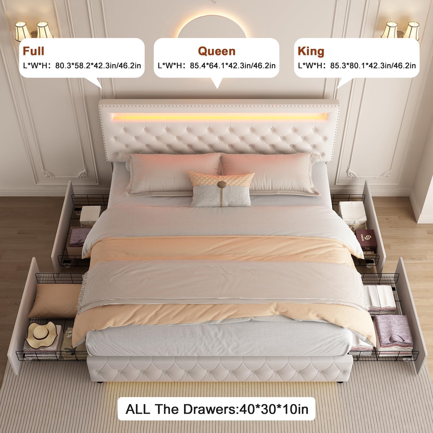 Queen Led Bed Frame with 4 Storage Drawers, with Smart Control RGBW LED Lights Headboard Footboard, Control DIY Color, Box Spring Optional, Velvet Cream - FocusAid Essentials: Empowering ADHD Living