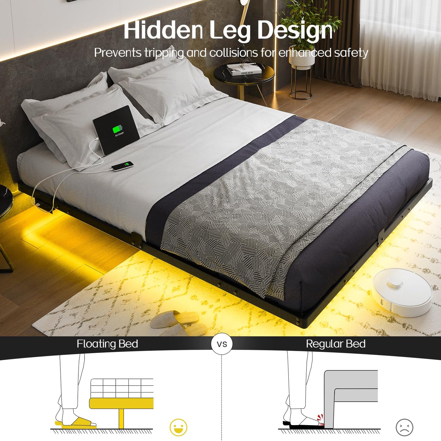 Queen Size Floating Bed Frame with LED Lights, USB Charging Station, Modern Metal Platform Bed Frame, Noise Free No Box Spring Needed and Easy Assembly - FocusAid Essentials: Empowering ADHD Living