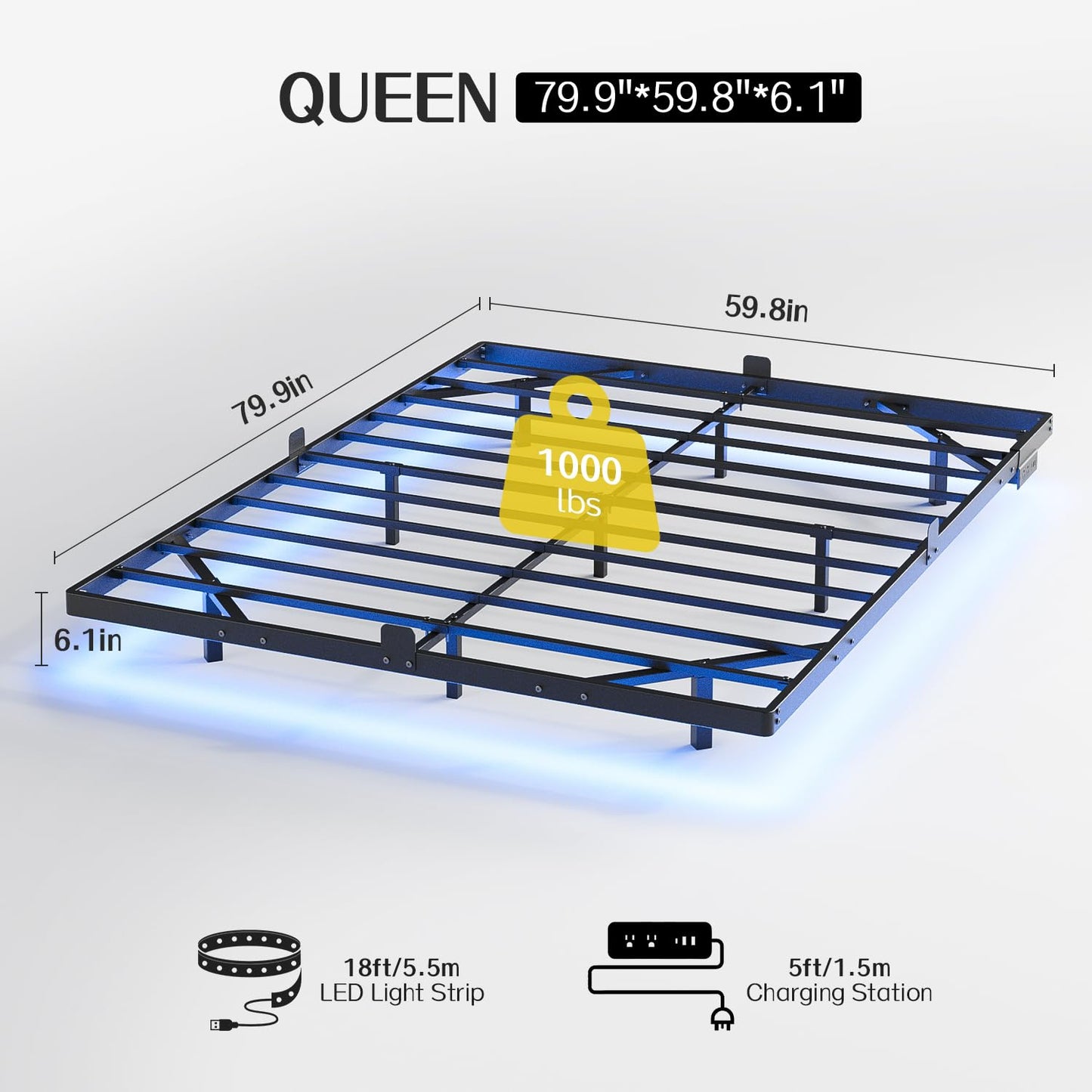 Queen Size Floating Bed Frame with LED Lights, USB Charging Station, Modern Metal Platform Bed Frame, Noise Free No Box Spring Needed and Easy Assembly - FocusAid Essentials: Empowering ADHD Living