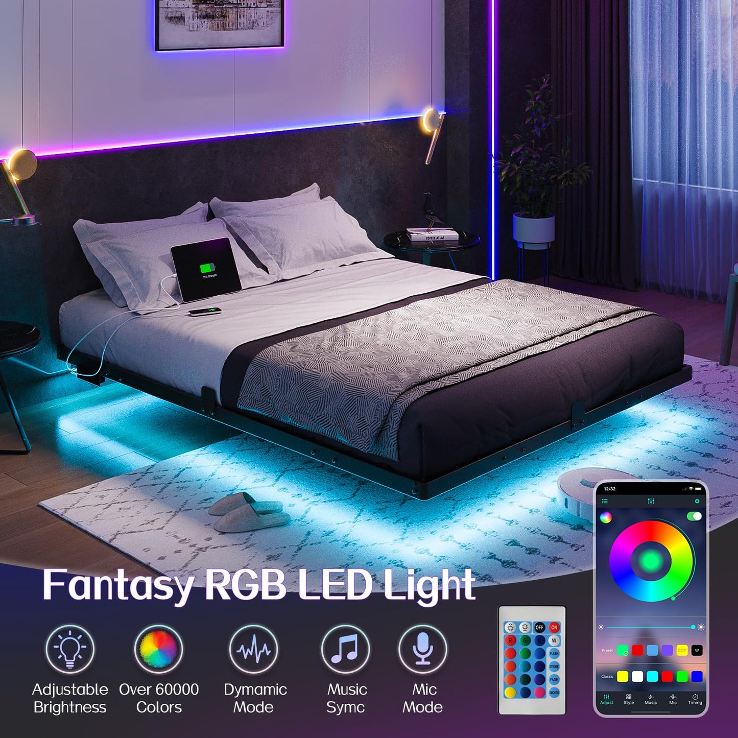 Queen Size Floating Bed Frame with LED Lights, USB Charging Station, Modern Metal Platform Bed Frame, Noise Free No Box Spring Needed and Easy Assembly - FocusAid Essentials: Empowering ADHD Living