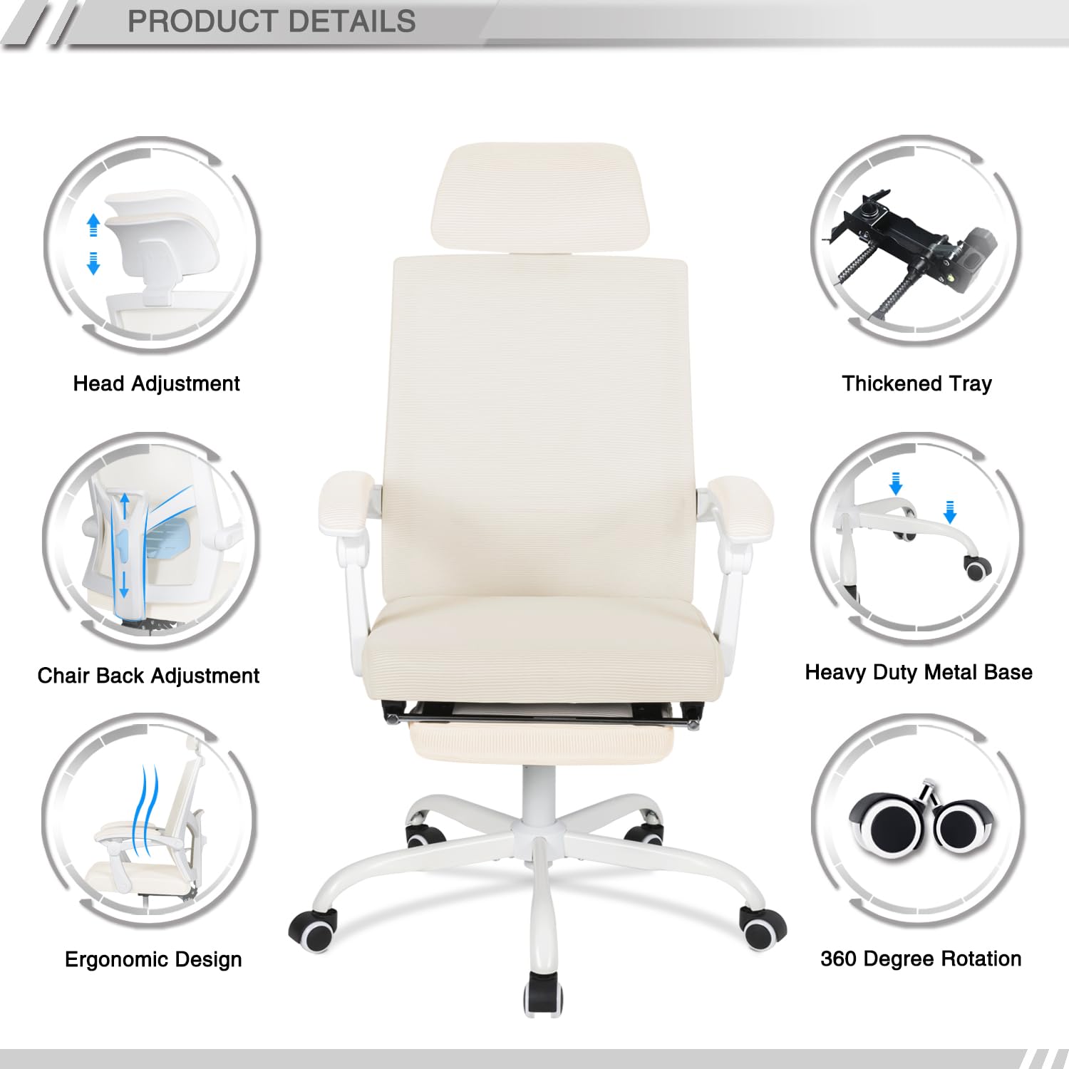 Qulomvs Mesh Ergonomic Office Chair with Footrest Home Office Desk Chair with Headrest and Backrest 90 - 135 Adjustable Computer Executive Desk Chair with Wheels 360 Swivel Task Chair - FocusAid Essentials: Empowering ADHD Living