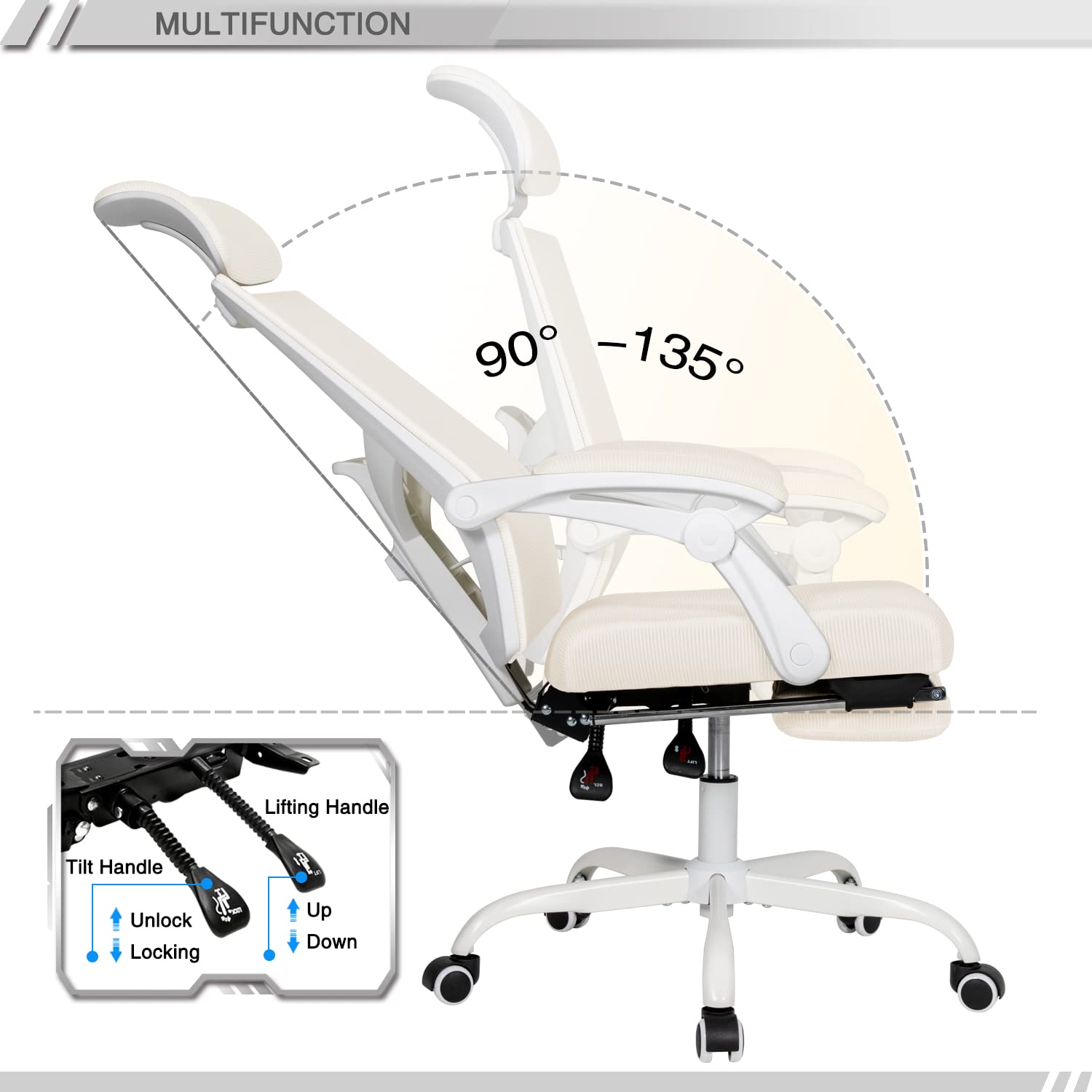 Qulomvs Mesh Ergonomic Office Chair with Footrest Home Office Desk Chair with Headrest and Backrest 90 - 135 Adjustable Computer Executive Desk Chair with Wheels 360 Swivel Task Chair - FocusAid Essentials: Empowering ADHD Living