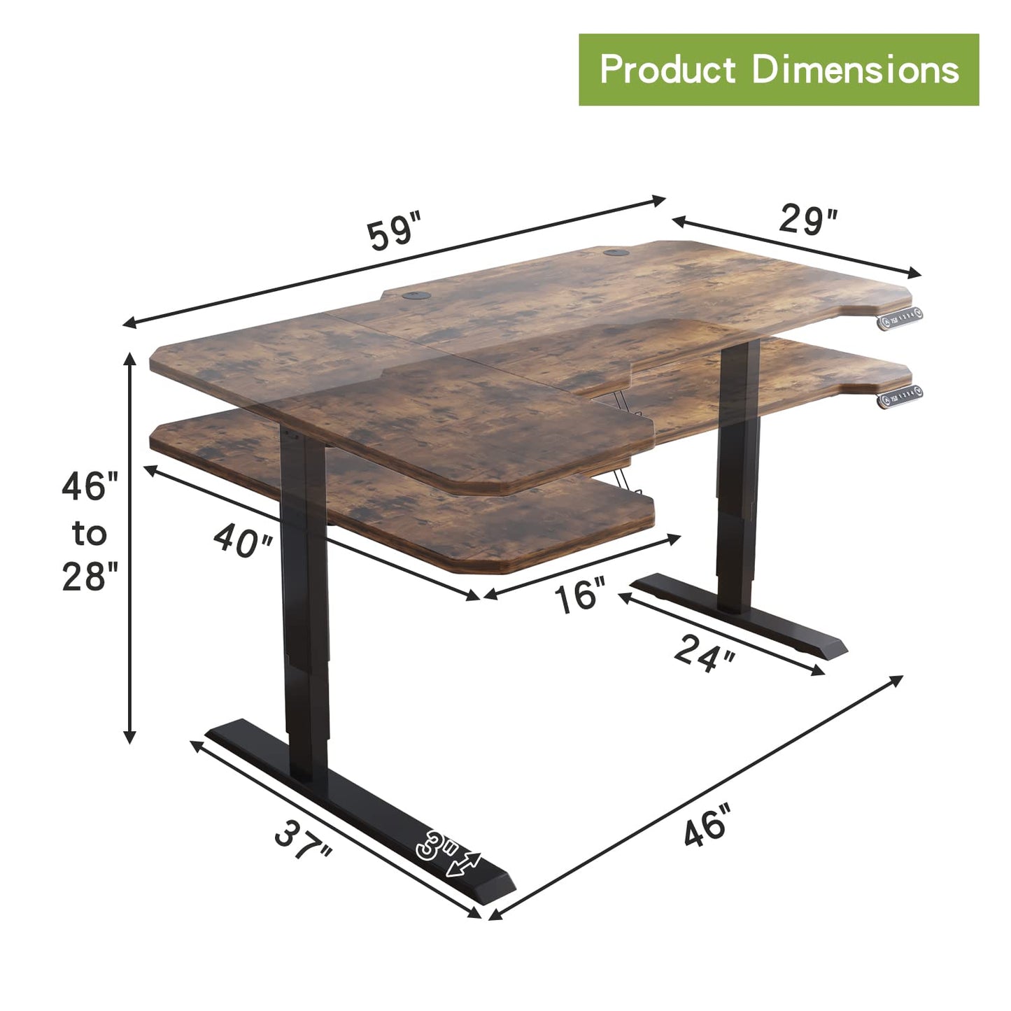 Radlove 59 - Inch Large Electric Height Adjustable Computer L - Shaped Desk with Memory Controller Corner Standing Desk Modern Workstation with Splice Board Ergonomic Desk (Black Frame + Rustic Brown Top) - FocusAid Essentials: Empowering ADHD Living