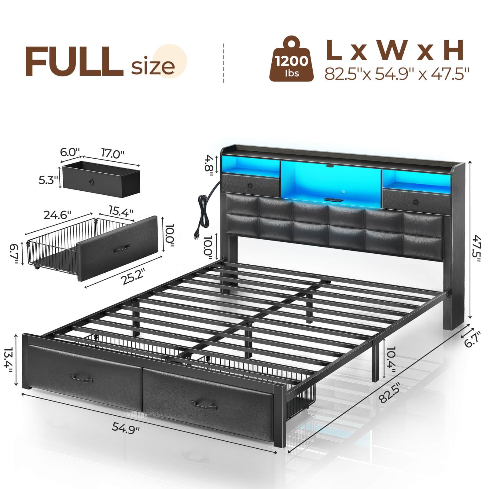 Rolanstar Bed Frame Full Size with Drawers and Charging Station, Upholstered Platform Bed with Storage Headboard and LED Light, Heavy Duty Metal Frame Support, No Box Spring Needed, Noise Free, Black - FocusAid Essentials: Empowering ADHD Living