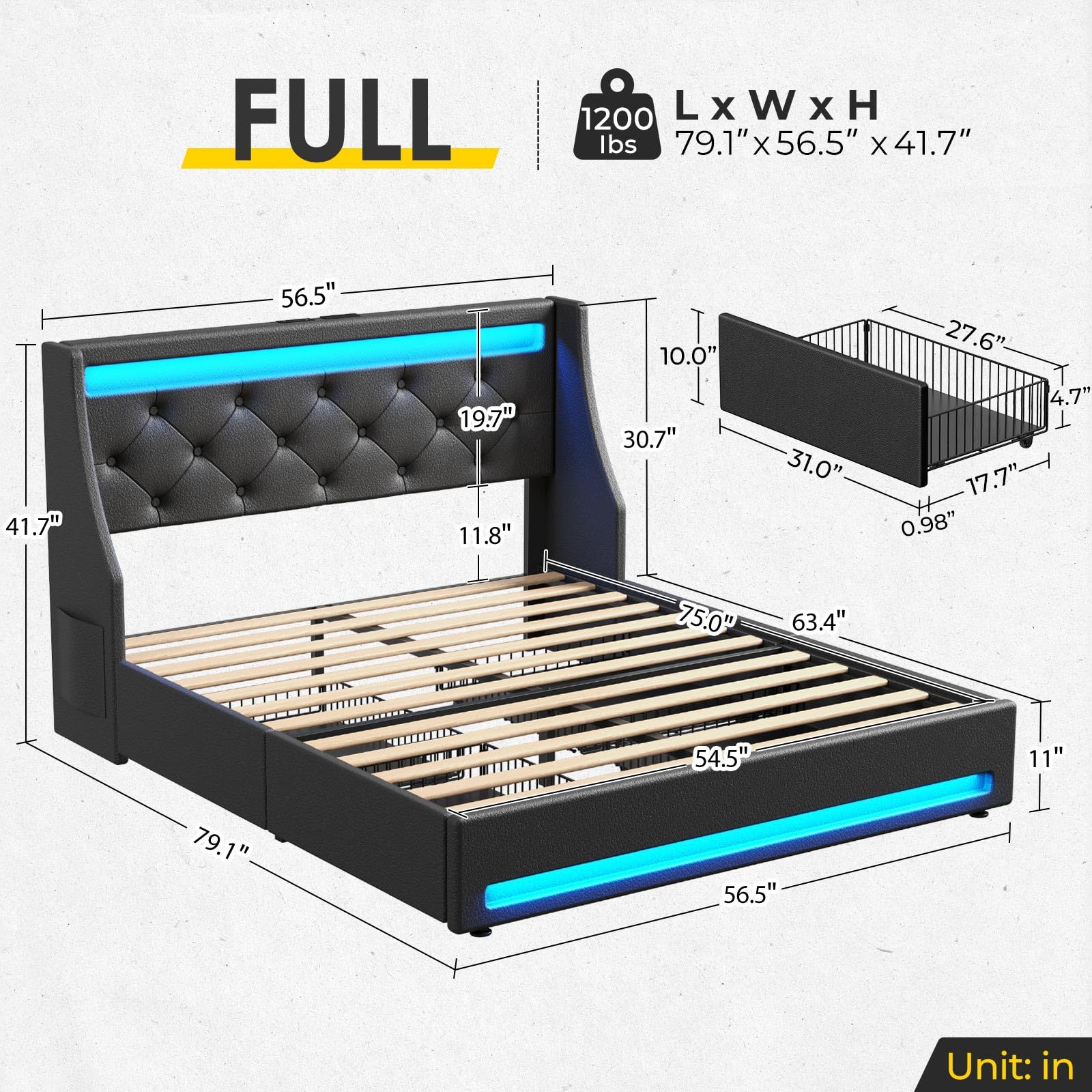 Rolanstar Full Bed Frame with LED Lights and Charging Station, PU Leather Bed with Drawers, Wooden Slats, Noise Free, Easy Assembly, Black - FocusAid Essentials: Empowering ADHD Living