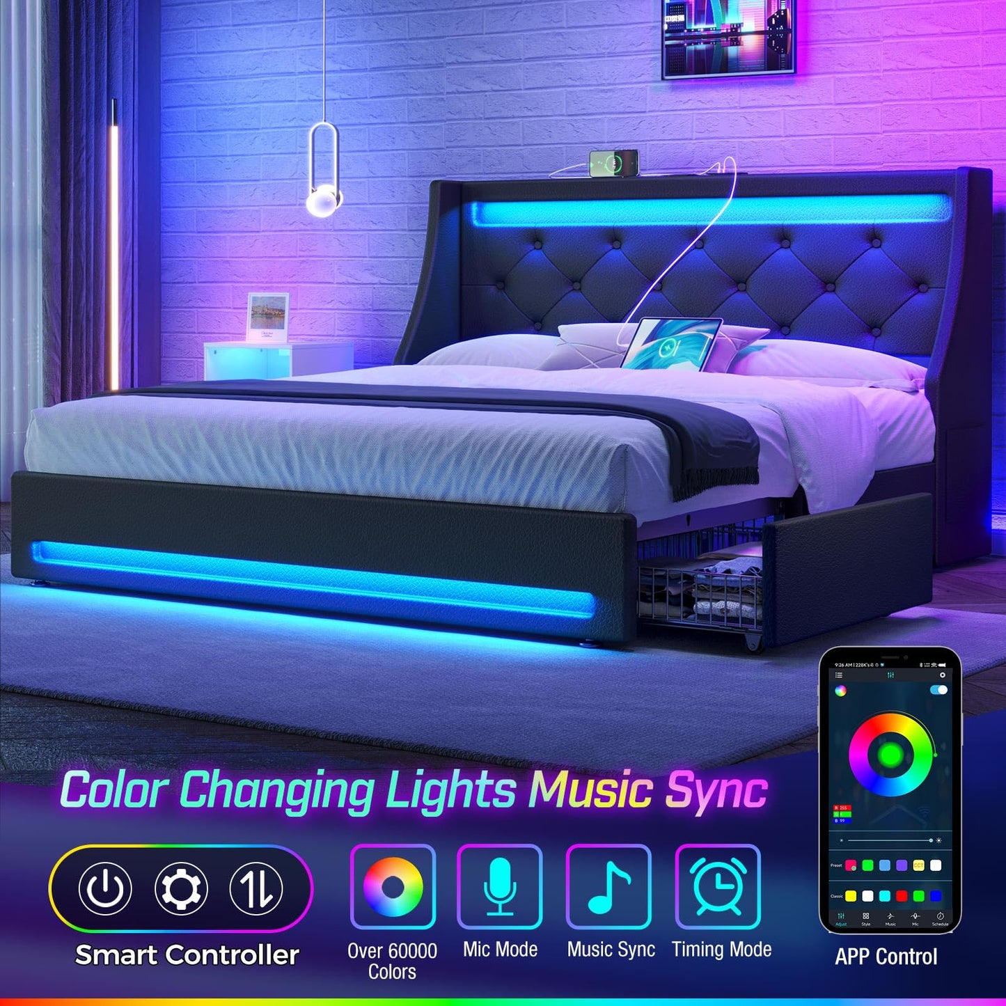 Rolanstar Full Bed Frame with LED Lights and Charging Station, PU Leather Bed with Drawers, Wooden Slats, Noise Free, Easy Assembly, Black - FocusAid Essentials: Empowering ADHD Living