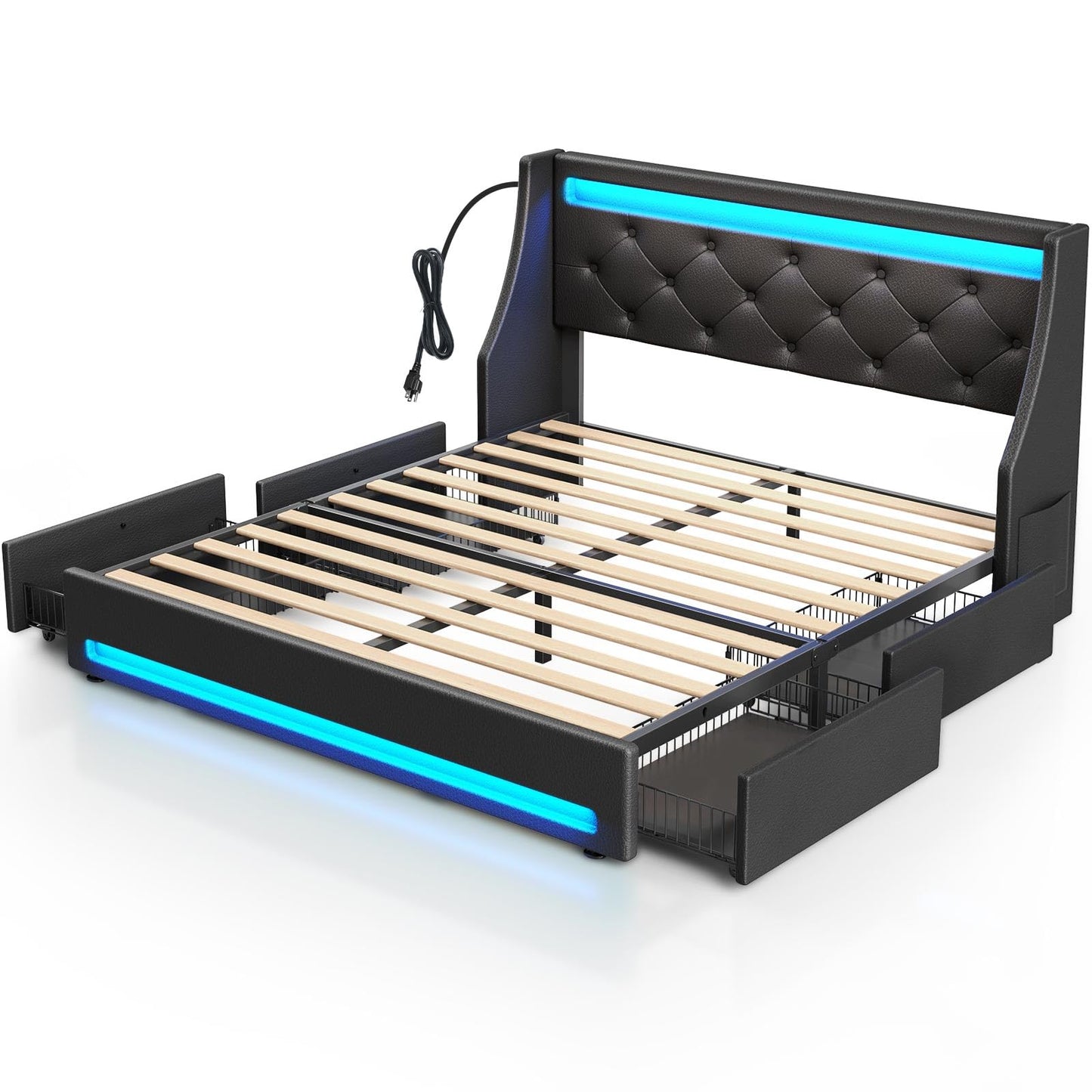 Rolanstar Full Bed Frame with LED Lights and Charging Station, PU Leather Bed with Drawers, Wooden Slats, Noise Free, Easy Assembly, Black - FocusAid Essentials: Empowering ADHD Living