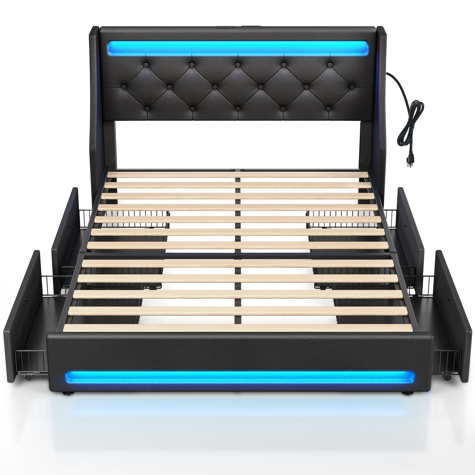 Rolanstar Full Bed Frame with LED Lights and Charging Station, PU Leather Bed with Drawers, Wooden Slats, Noise Free, Easy Assembly, Black - FocusAid Essentials: Empowering ADHD Living