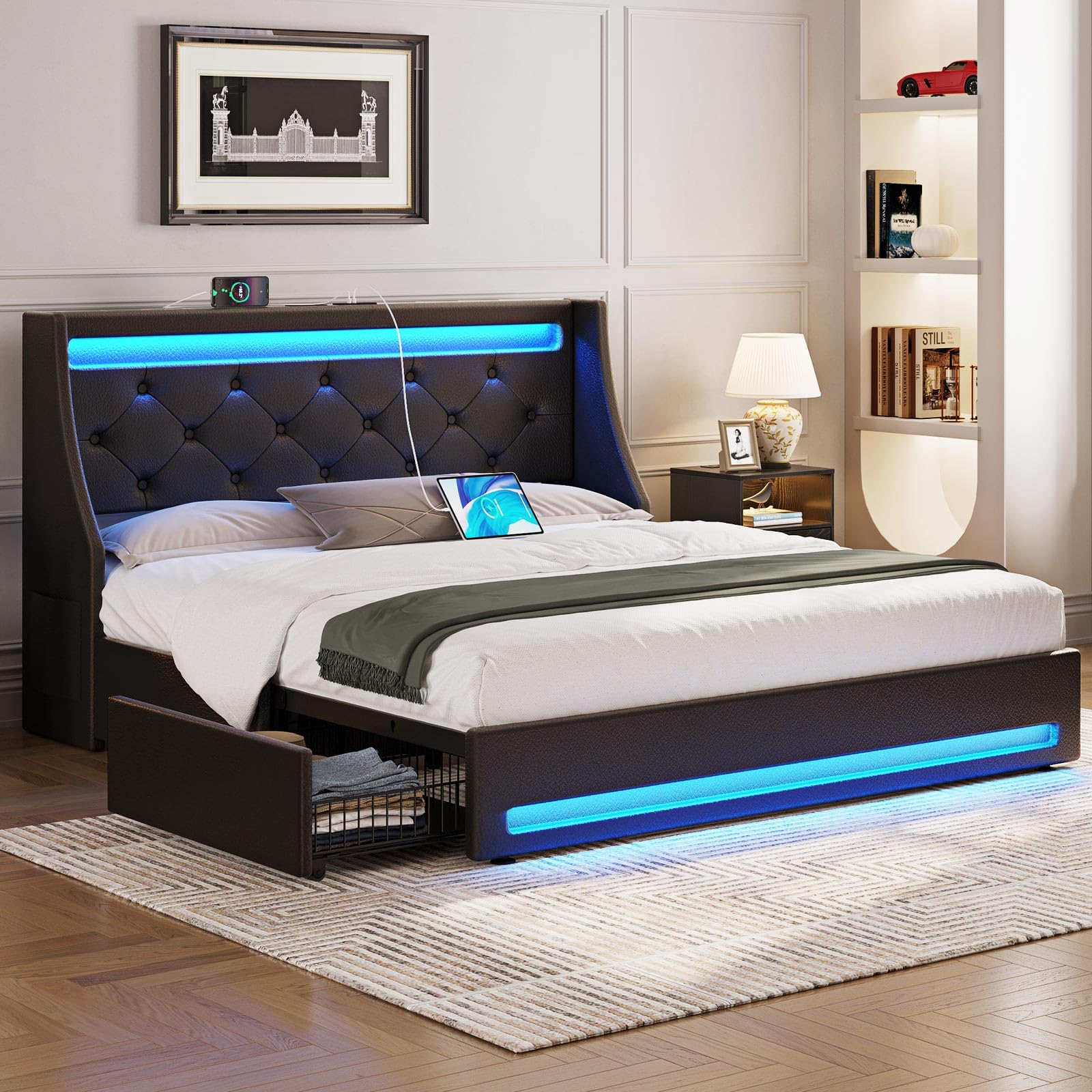 Rolanstar Full Bed Frame with LED Lights and Charging Station, PU Leather Bed with Drawers, Wooden Slats, Noise Free, Easy Assembly, Black - FocusAid Essentials: Empowering ADHD Living