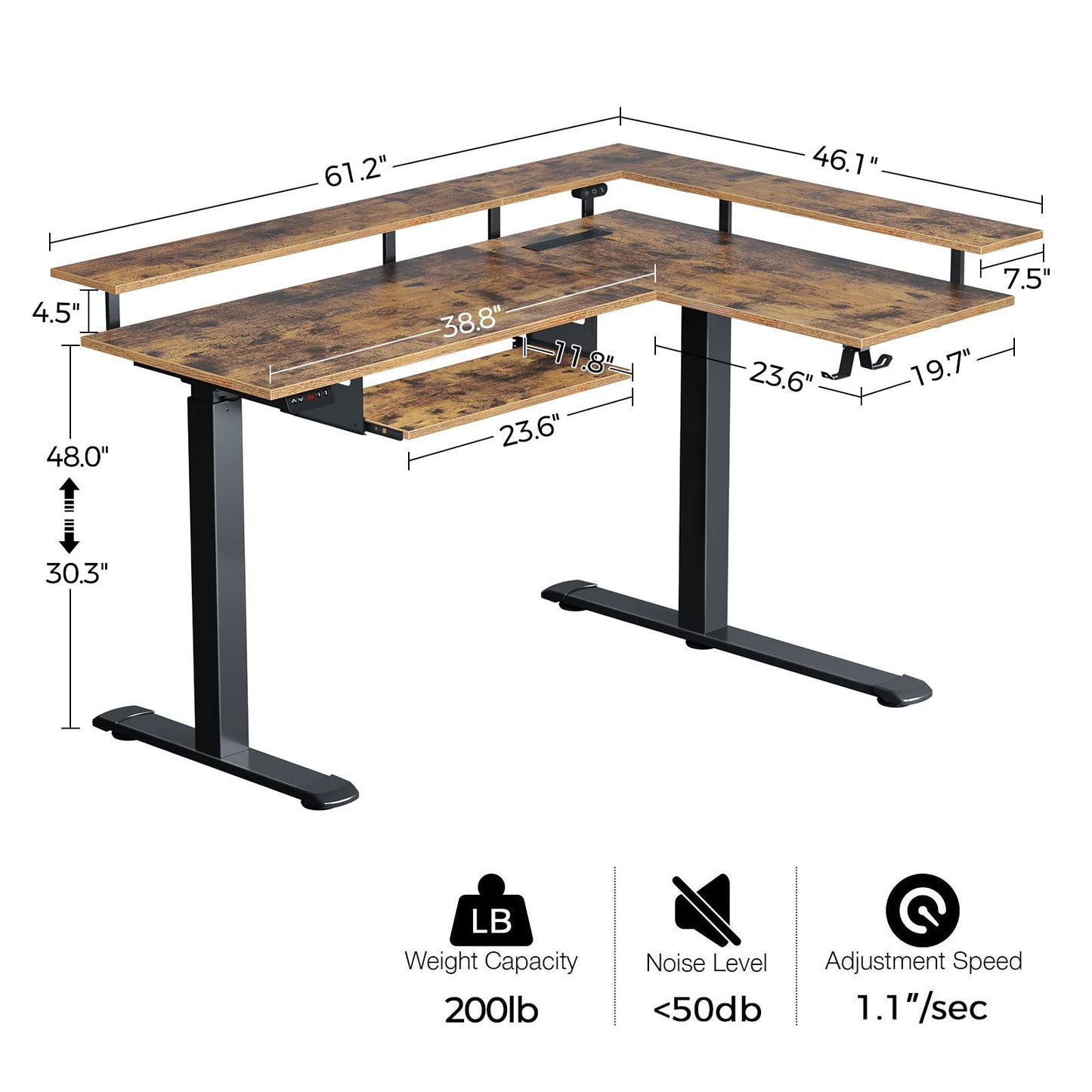 Rolanstar L Shaped Standing Desk with LED Light and Power Outlet, Dual Motor Height Adjustable Electric Standing Desk with Monitor Stand & Keyboard Tray, 61.2" Sit Stand Desk Rustic Brown - FocusAid Essentials: Empowering ADHD Living