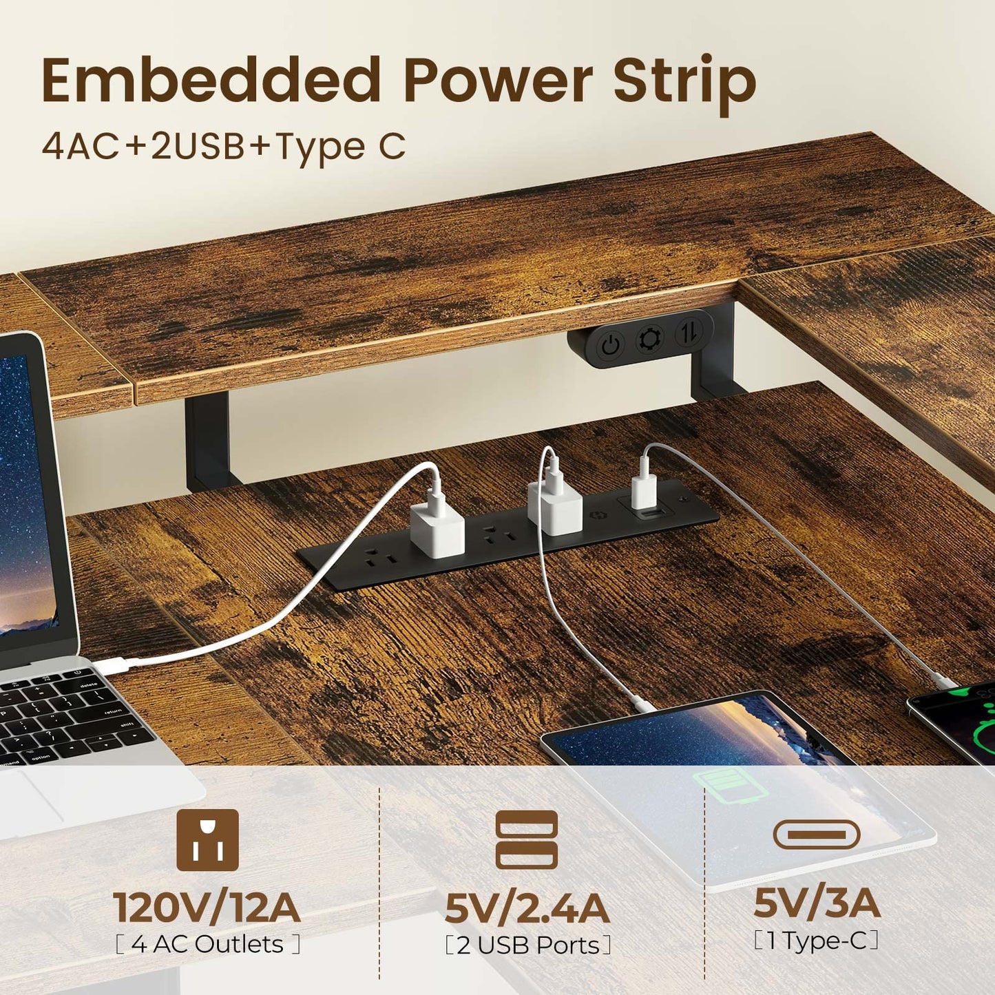 Rolanstar L Shaped Standing Desk with LED Light and Power Outlet, Dual Motor Height Adjustable Electric Standing Desk with Monitor Stand & Keyboard Tray, 61.2" Sit Stand Desk Rustic Brown - FocusAid Essentials: Empowering ADHD Living