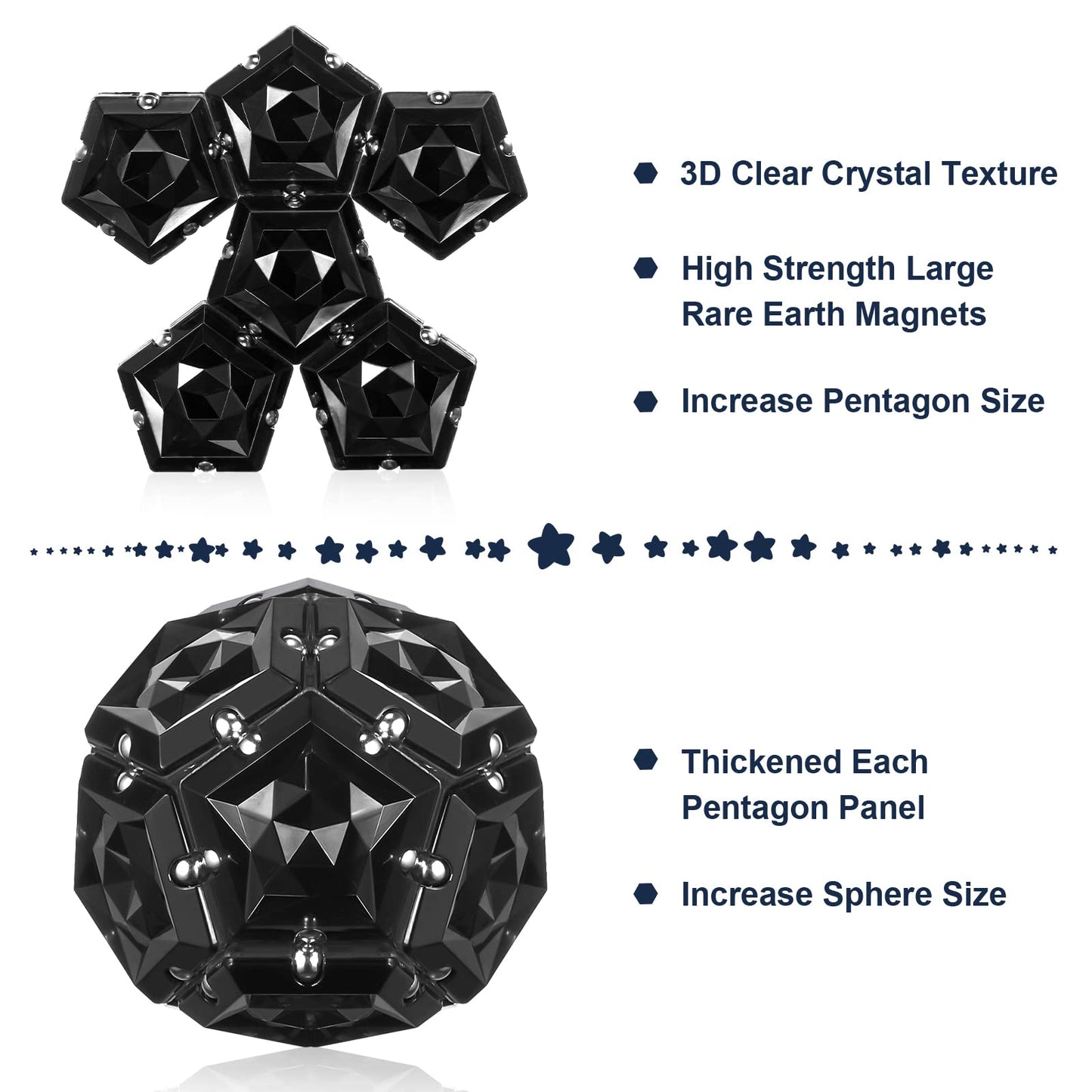 RoomyRoc Magnetic Fidget Sphere - Pentagons Magnets Balls - 12 Piece Set - Crystal Black - Magnet Fidgets Toy - Creativity Beyond Imagination, Inspirational, Recreational, Desk Toys for Adults - FocusAid Essentials: Empowering ADHD Living