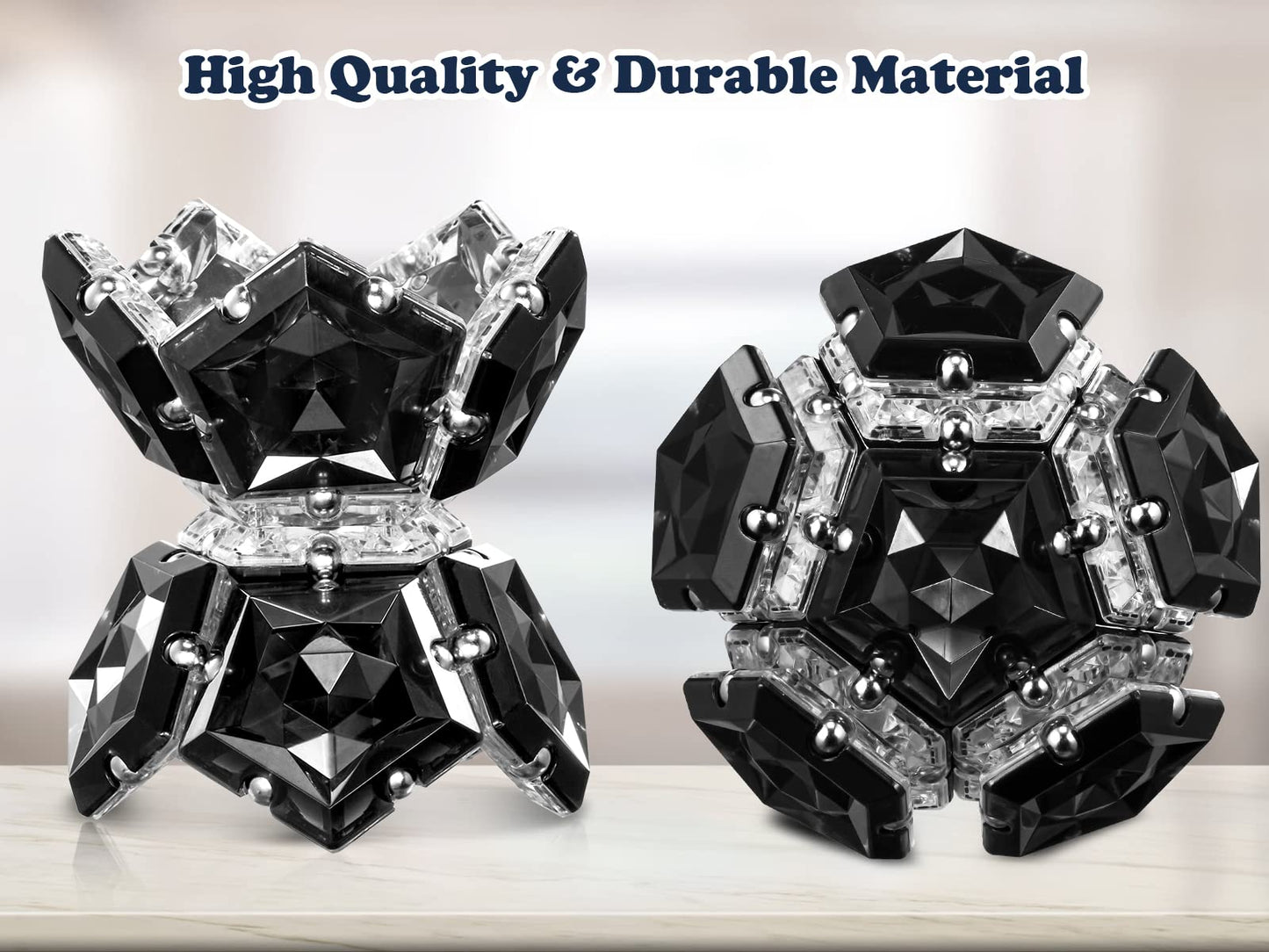 RoomyRoc Magnetic Fidget Sphere - Pentagons Magnets Balls - 12 Piece Set - Crystal Black - Magnet Fidgets Toy - Creativity Beyond Imagination, Inspirational, Recreational, Desk Toys for Adults - FocusAid Essentials: Empowering ADHD Living