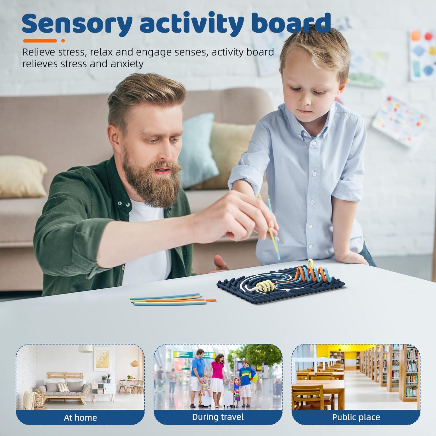 Sensory Activity Board: Ednzion Double - Sided Silicone Fidget Toy for Kids & Adults | Silent, No Mess, Calming for Anxiety, ADHD & Autism | Portable with Travel Bag & 20 Strings | Ages 3+ - FocusAid Essentials: Empowering ADHD Living