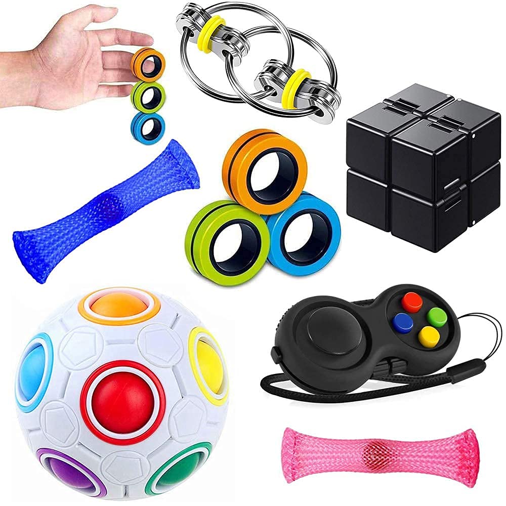 Sensory Fidget Toys Set 7 Pack. Stress Relief Relieve Anxiety Tools Bundle Figette Toys with Fidget Pad, Cube with Infinity, Magnetic Ring, Fidget Box Bulk Figit, Game for Kids Adults Kill Time - FocusAid Essentials: Empowering ADHD Living