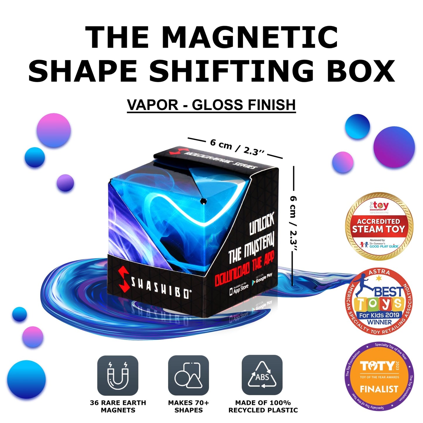 SHASHIBO Shape Shifting Box - Award - Winning, Patented Fidget Cube w/ 36 Rare Earth Magnets - Transforms Into Over 70 Shapes, Download Fun in Motion Toys Mobile App (Holographic - Vapor) - FocusAid Essentials: Empowering ADHD Living