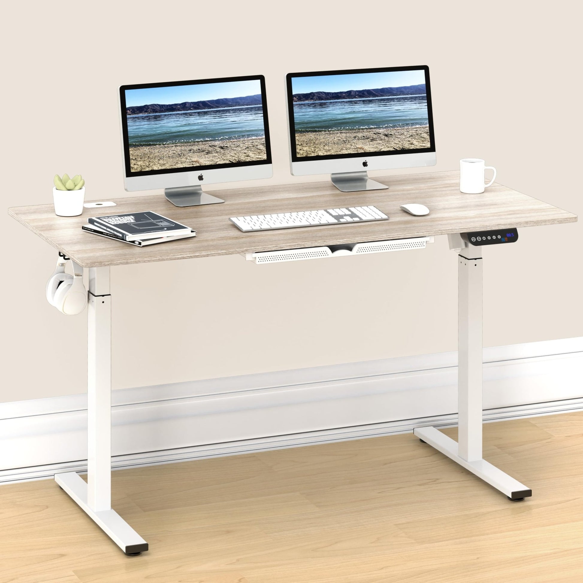 SHW 55 - Inch Large Electric Height Adjustable Standing Desk, 55 x 28 Inches, Maple - FocusAid Essentials: Empowering ADHD Living