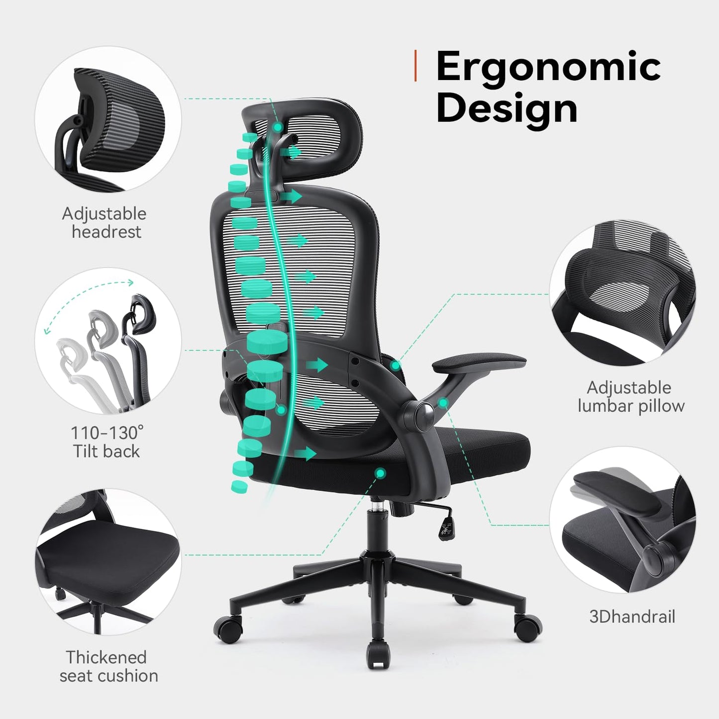 SIHOO M102C Ergonomic Mesh Office Chair, High Back Desk Chair with 3D Armrests, Up&Down Lumbar Support, Swivel Computer Task Chair with Adjustable 2D Headrest, Tilt Function Black - FocusAid Essentials: Empowering ADHD Living