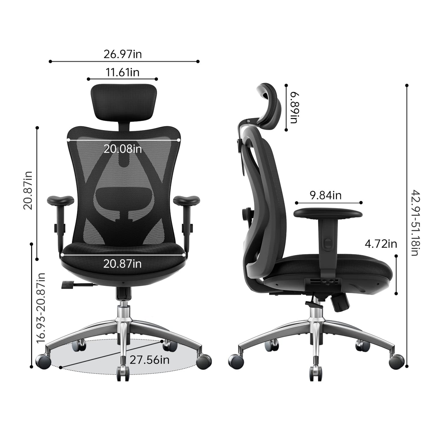 SIHOO M18 Ergonomic Office Chair for Big and Tall People Adjustable Headrest with 2D Armrest Lumbar Support and PU Wheels Swivel Tilt Function Black - FocusAid Essentials: Empowering ADHD Living