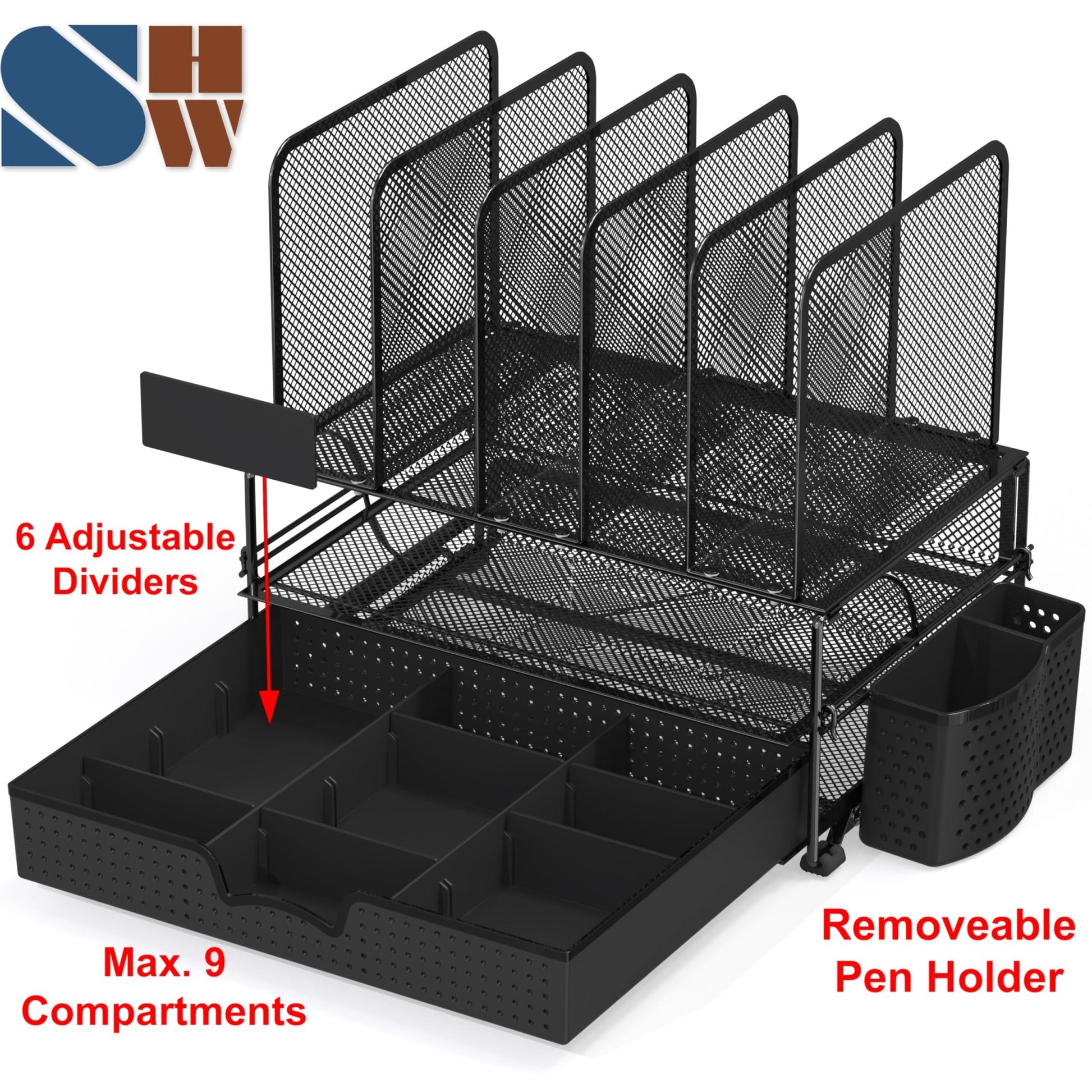 Simple Houseware Mesh Desk Organizer with Sliding Drawer, Double Tray and 5 Upright Sections, Black - FocusAid Essentials: Empowering ADHD Living