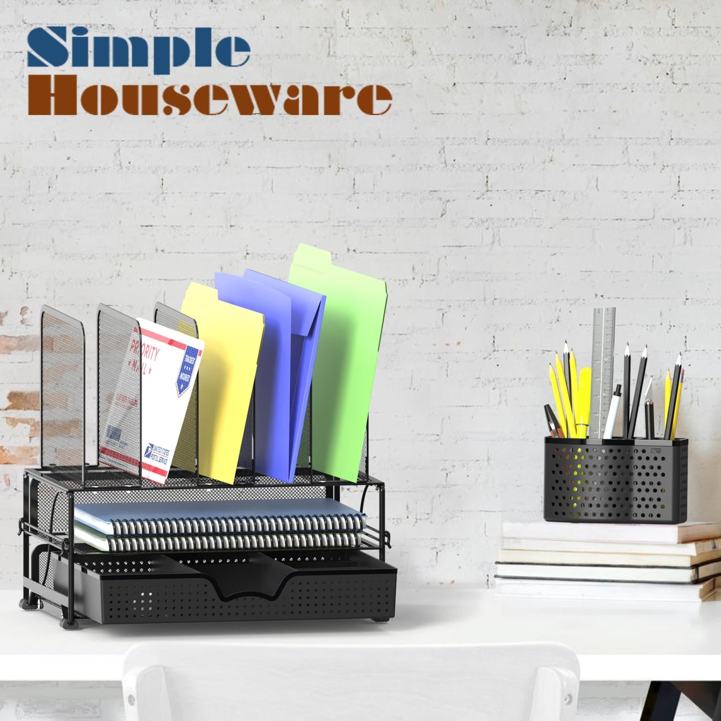 Simple Houseware Mesh Desk Organizer with Sliding Drawer, Double Tray and 5 Upright Sections, Black - FocusAid Essentials: Empowering ADHD Living