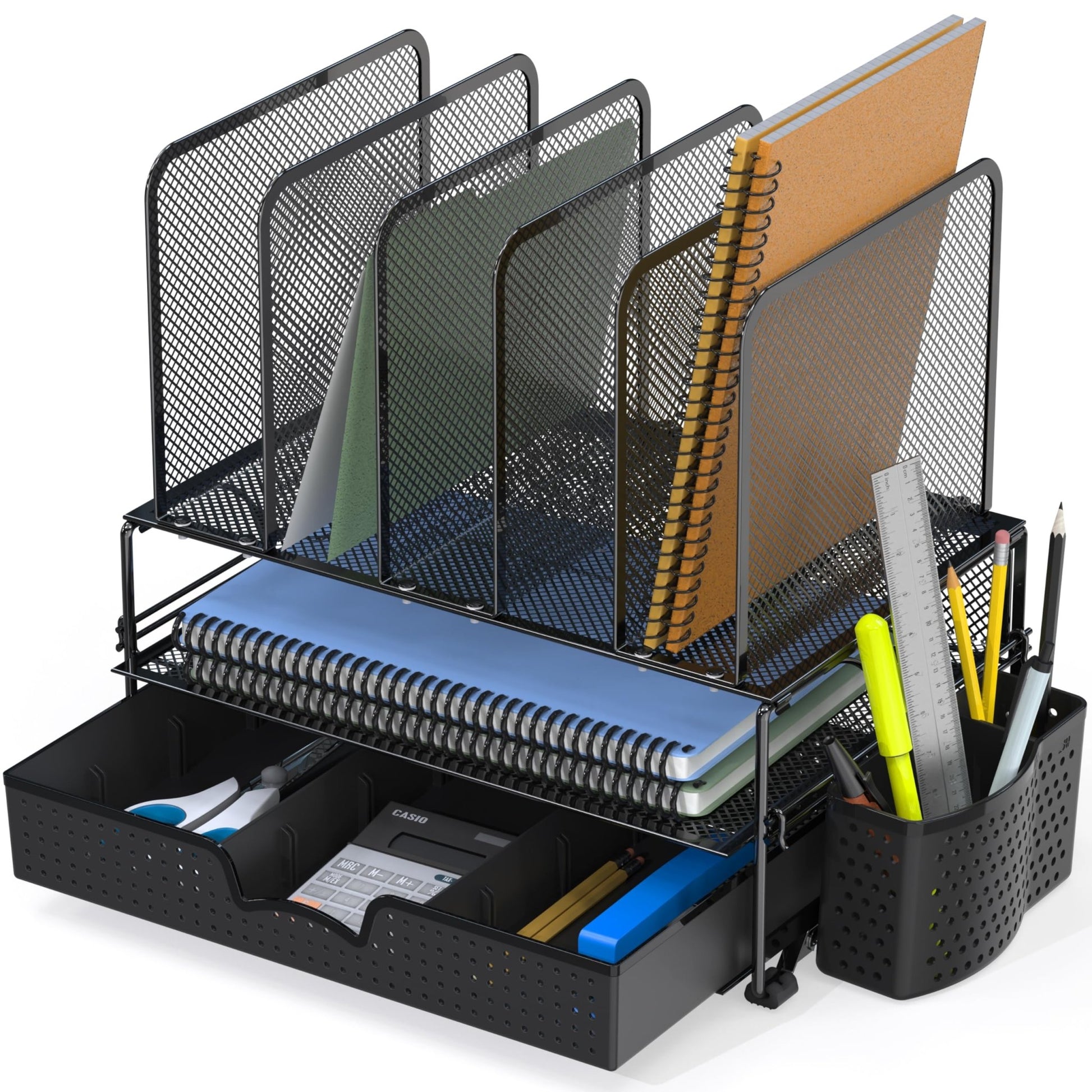 Simple Houseware Mesh Desk Organizer with Sliding Drawer, Double Tray and 5 Upright Sections, Black - FocusAid Essentials: Empowering ADHD Living